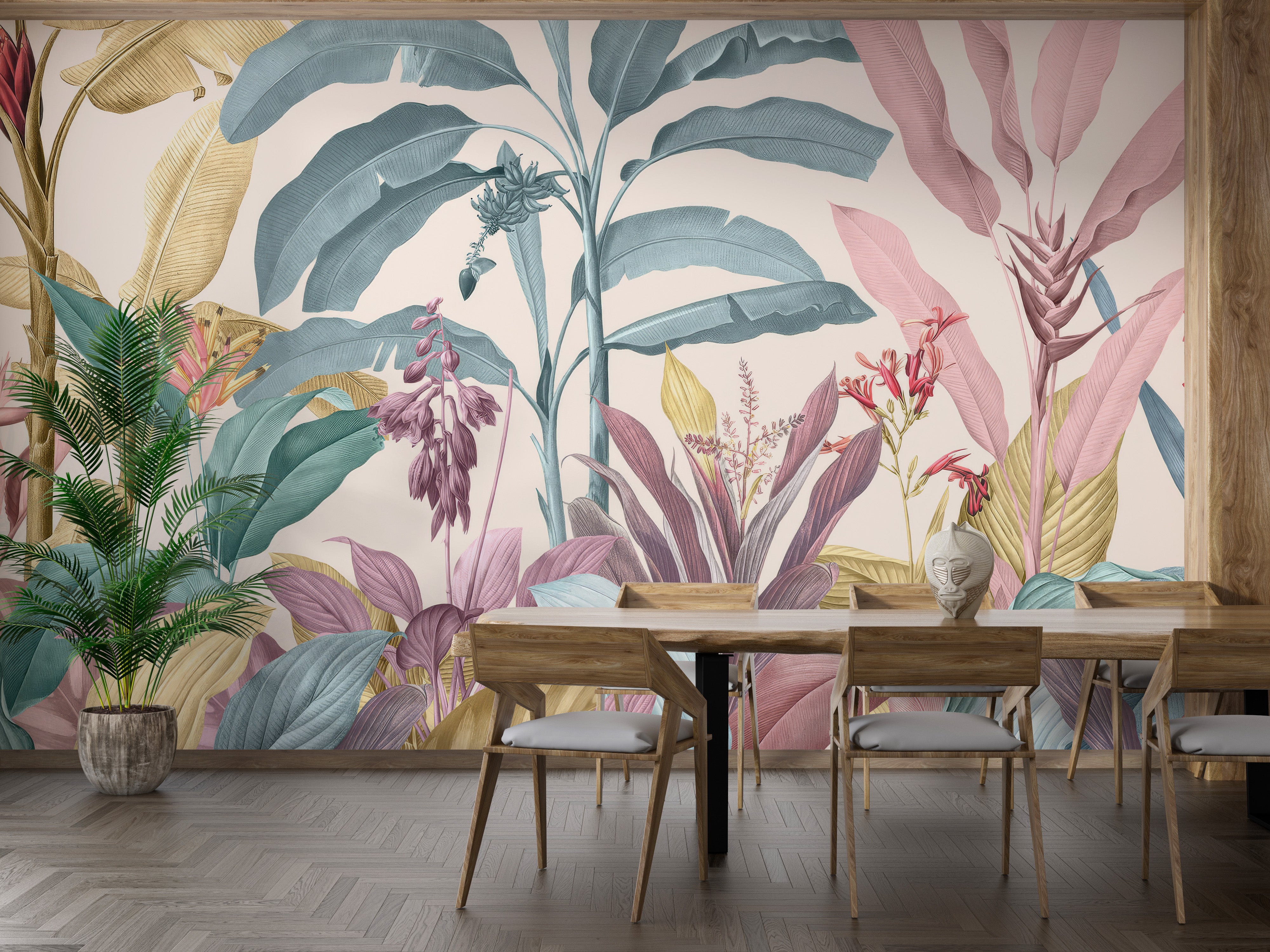 Soft tropical wallpaper featuring botanical elements and flowers.