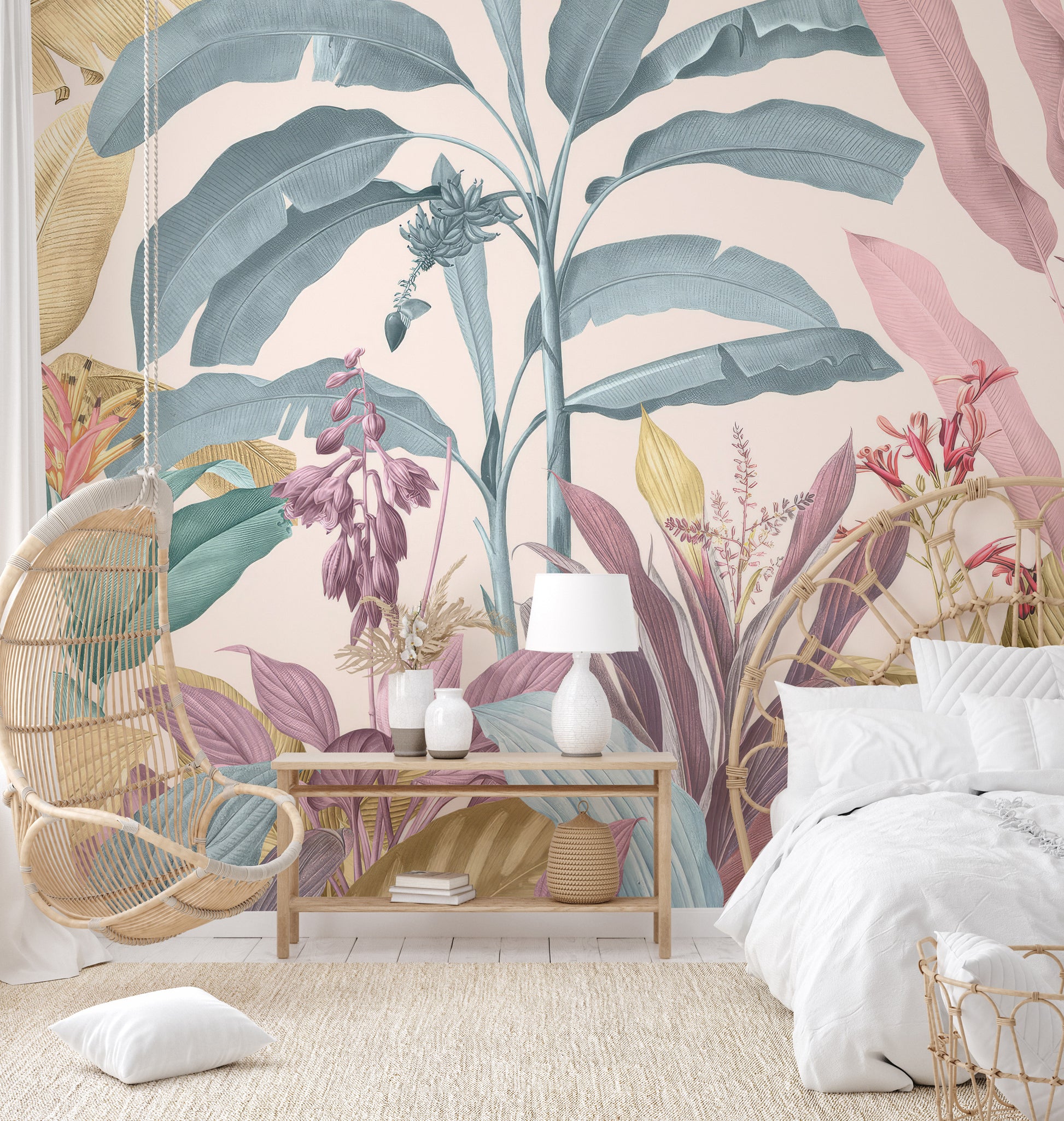 Floral and botanical tropical wallpaper with pastel shades.