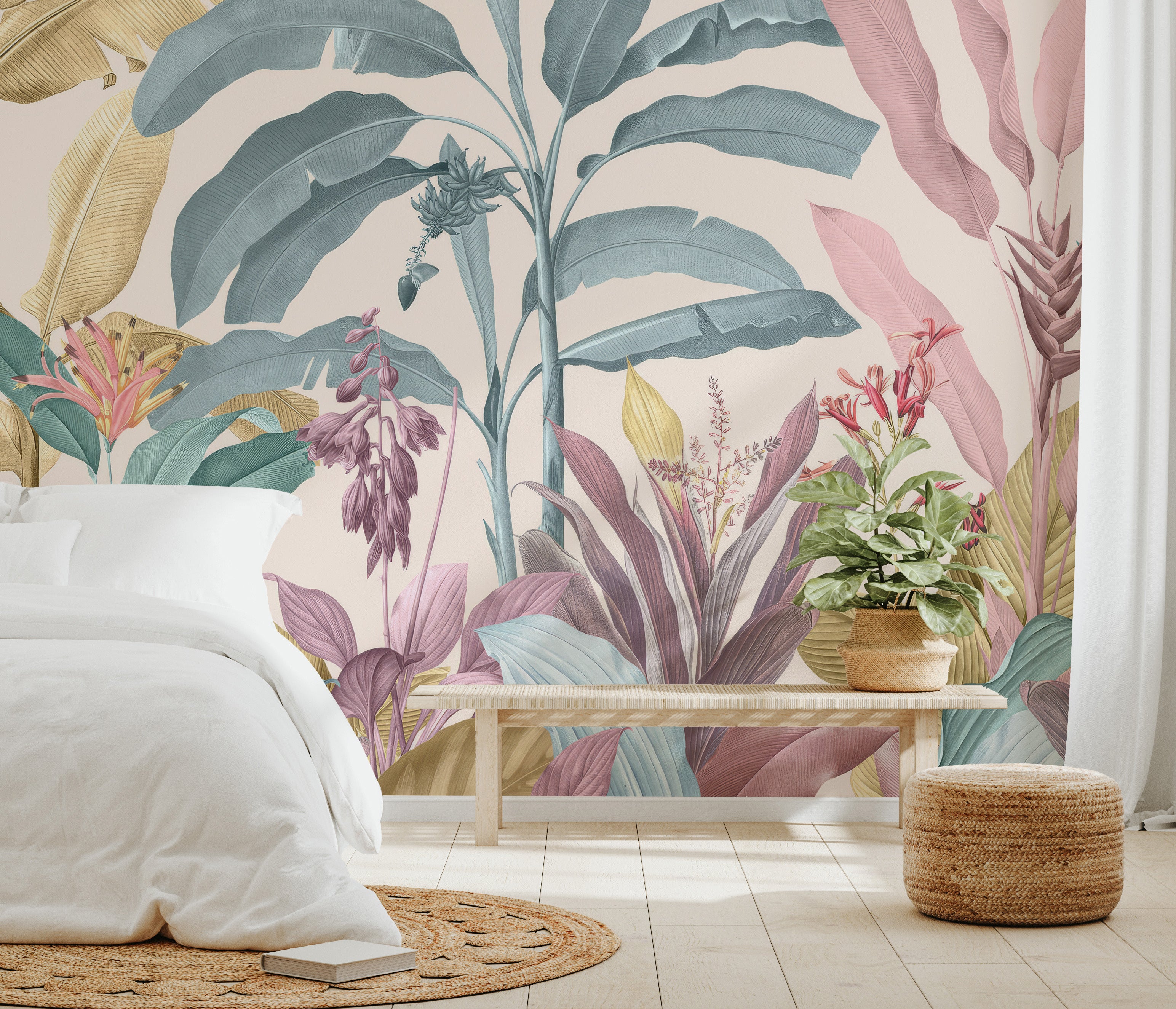 Pastel botanical mural featuring exotic plants and flowers.