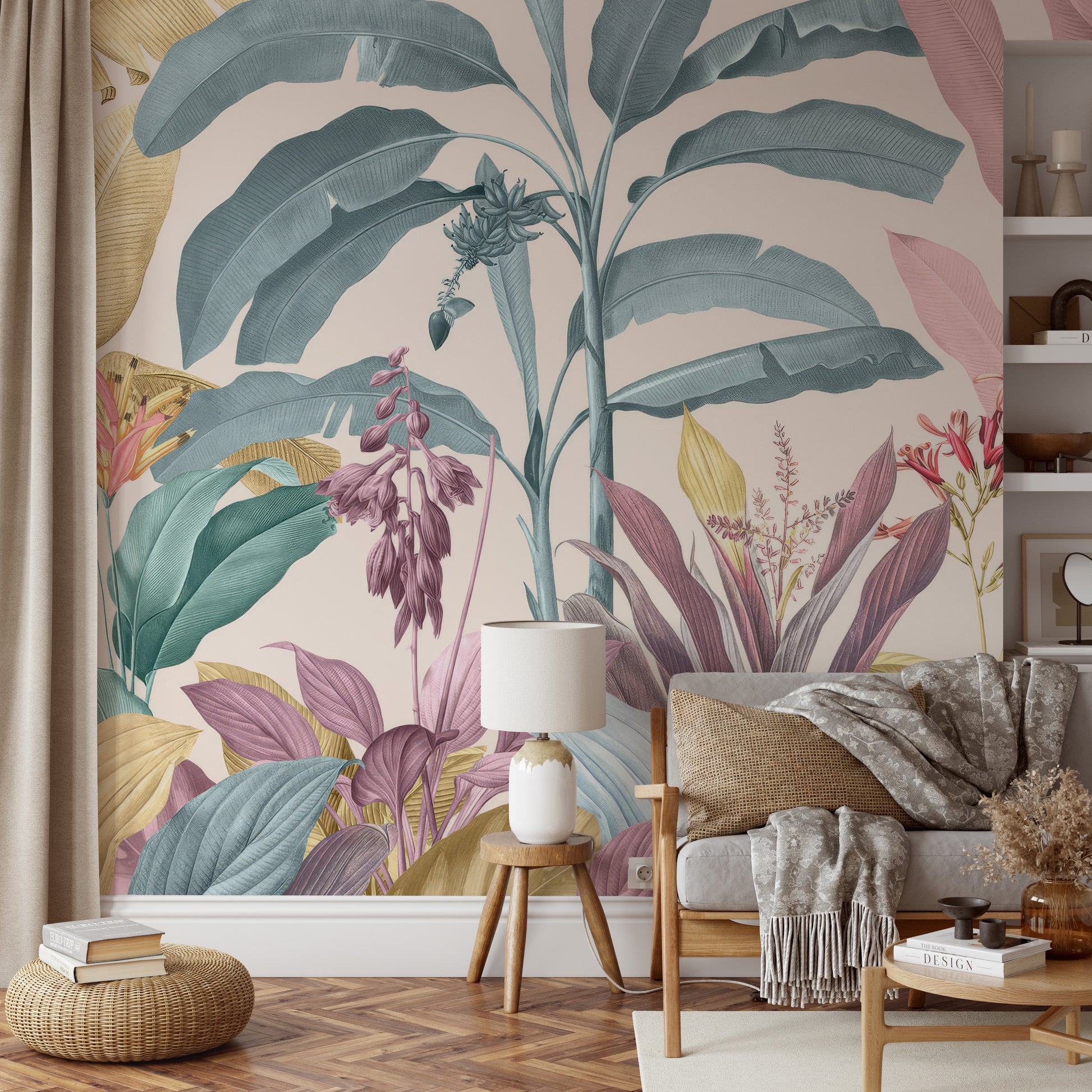 Banana leaf and flower mural in pastel pink, blue, and beige.