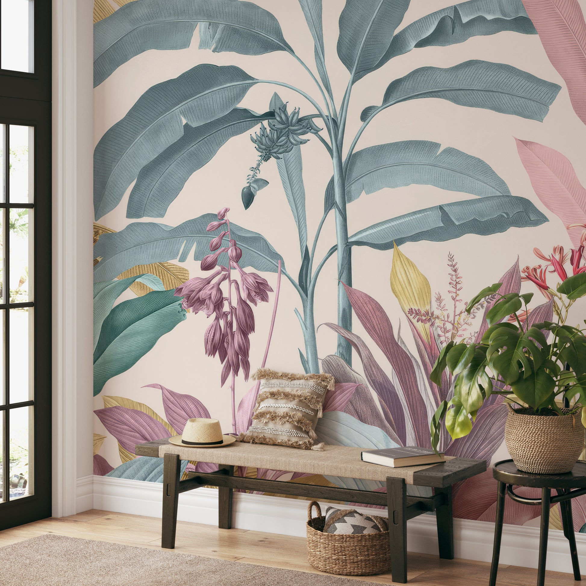 Tropical foliage wallpaper with muted botanical tones.