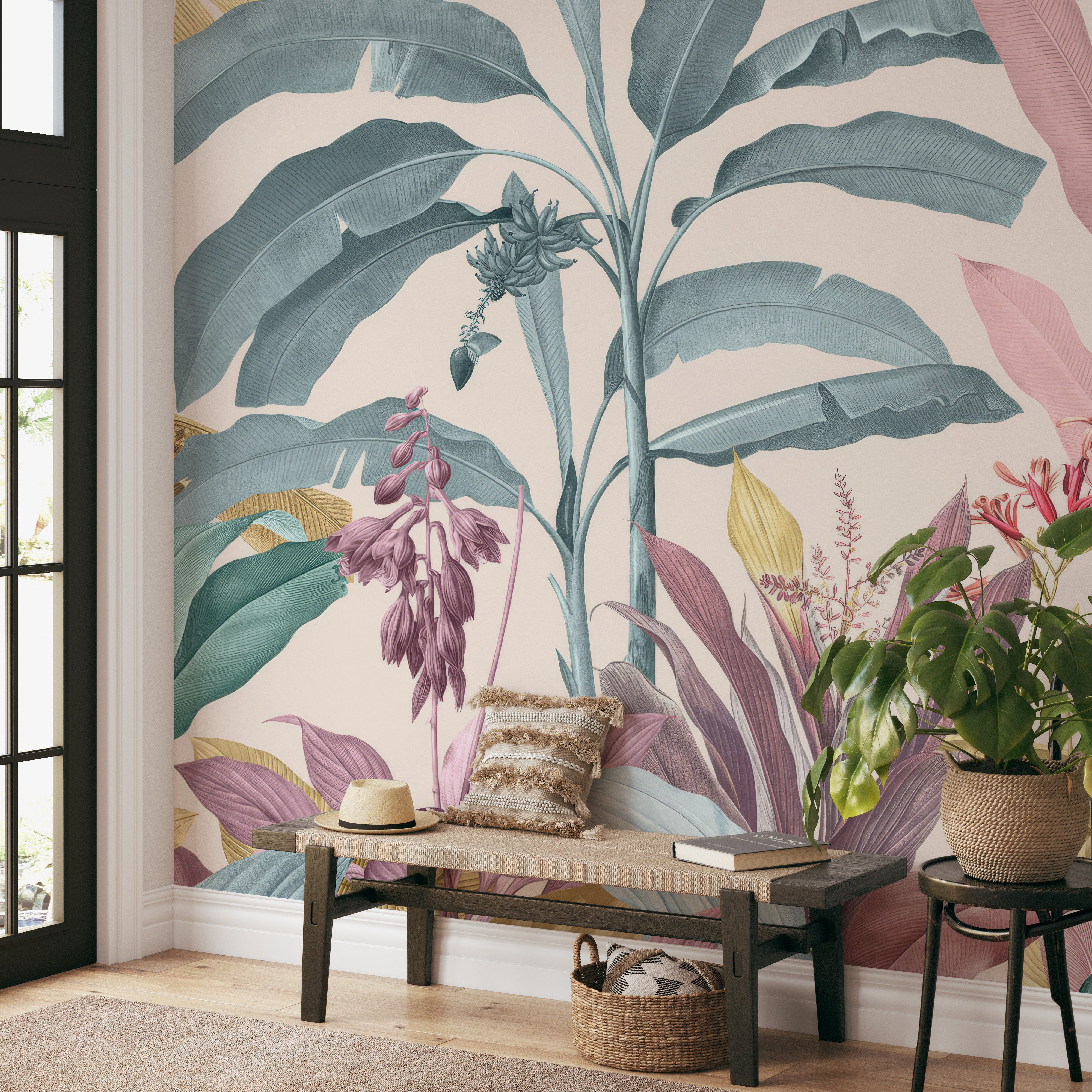 Tropical foliage wallpaper with muted botanical tones.