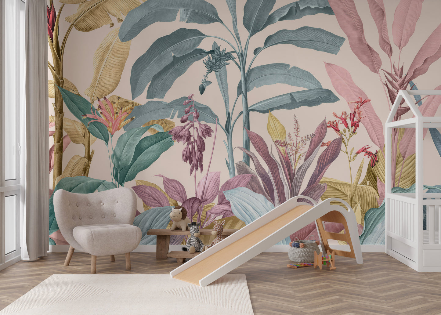 Elegant pastel botanical wallpaper with tropical leaves and flowers.