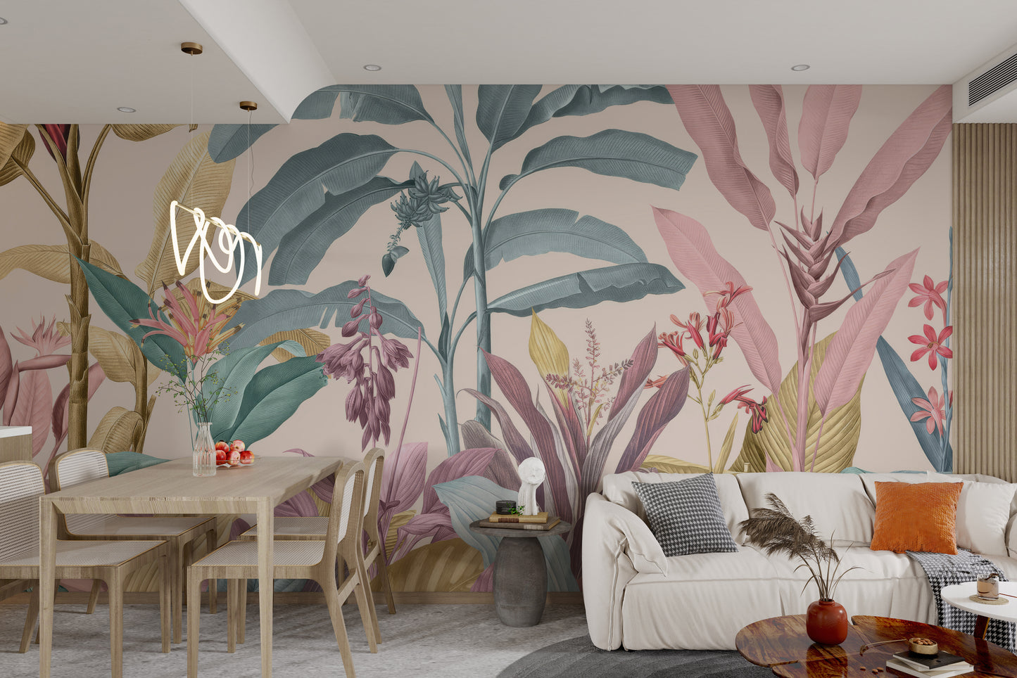 Pastel botanical wallpaper with tropical leaves and flowers.