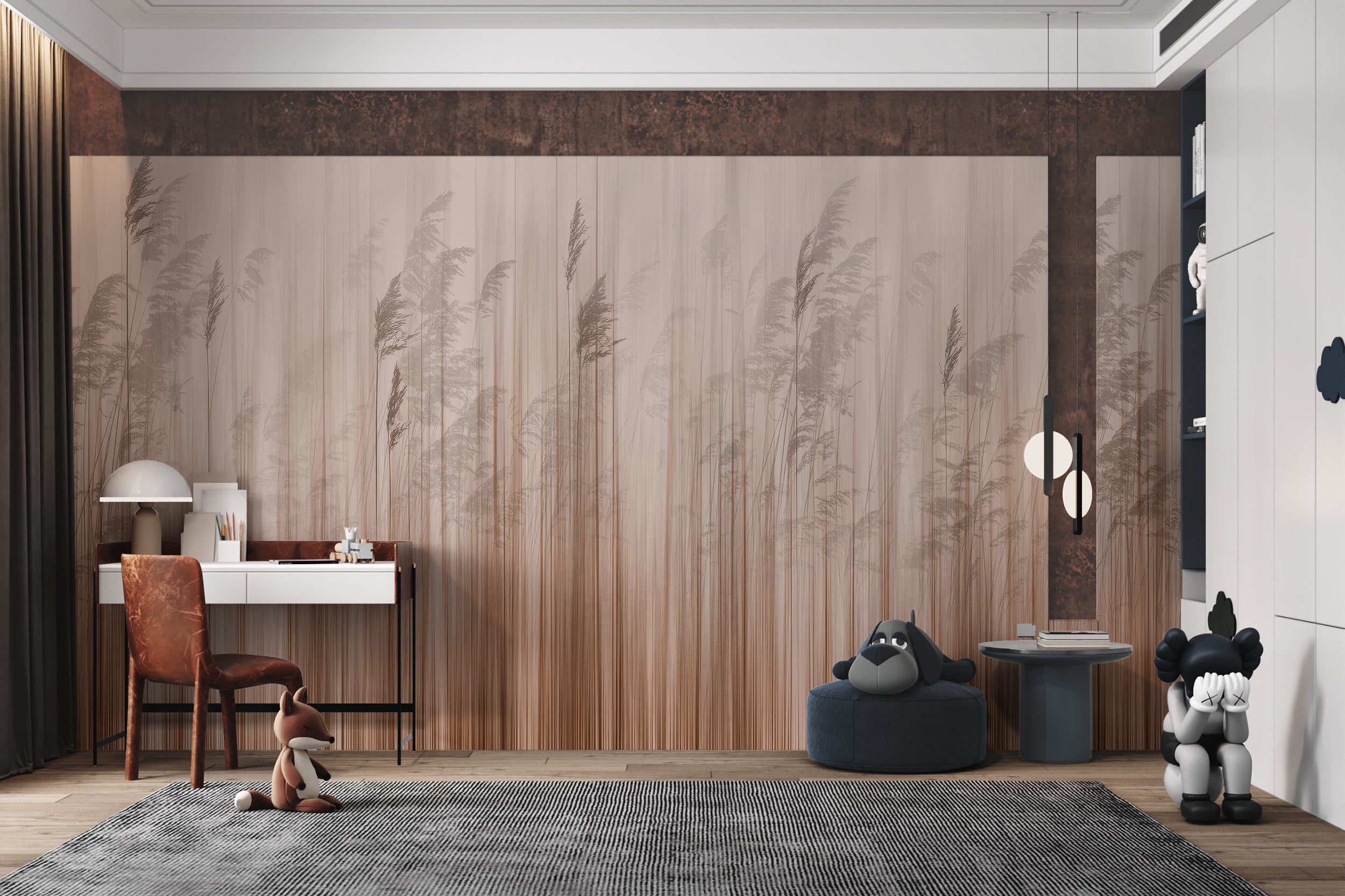 Soft brown and beige reed grass design with vertical lines for nature-themed wallpaper.