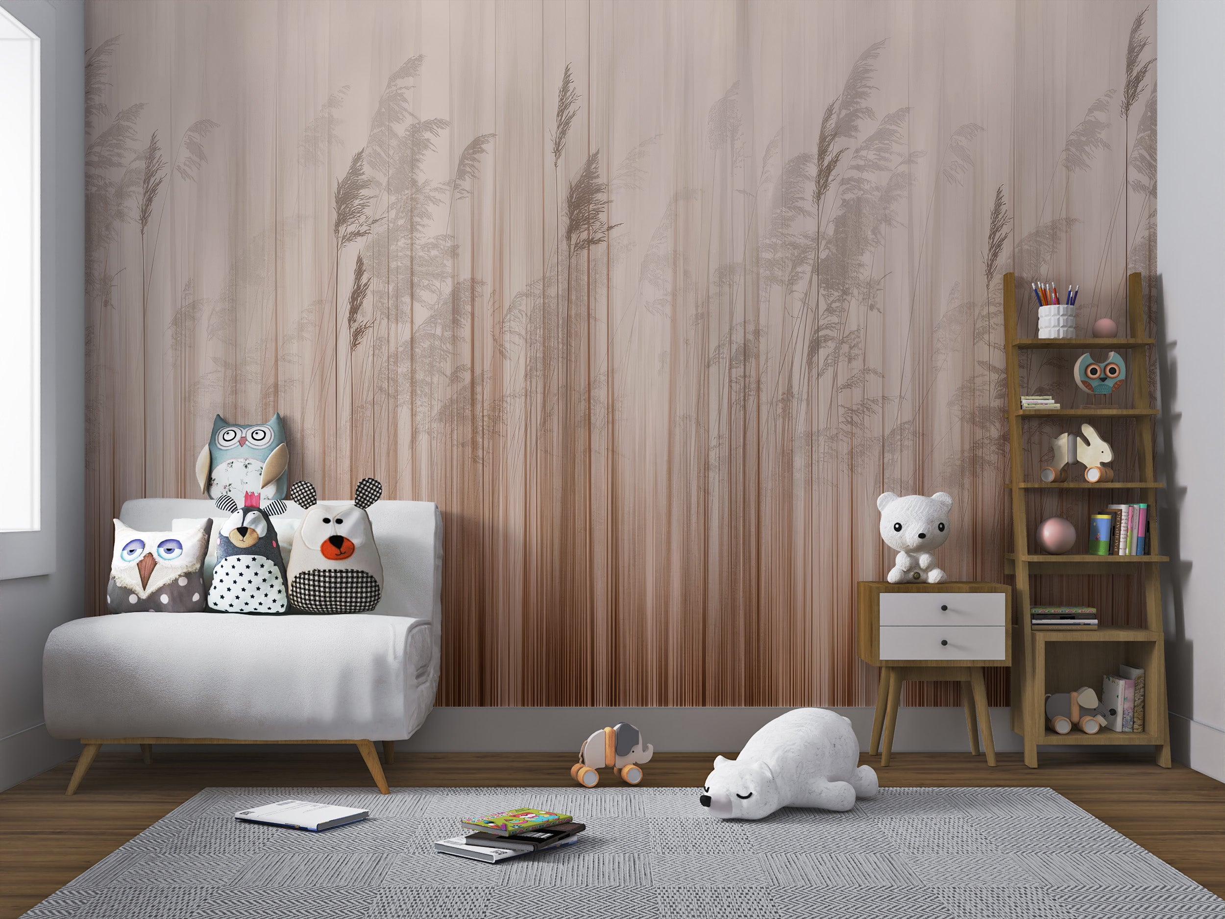 Elegant grass wallpaper mural featuring delicate vertical reeds in beige and brown hues.