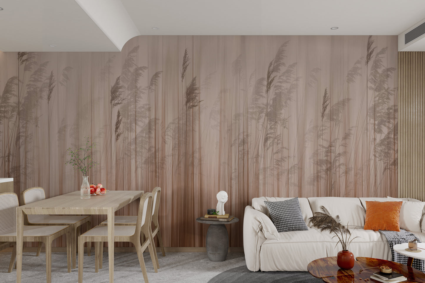 Blurred reed grass motif with vertical lines in warm muted tones for wall decor.