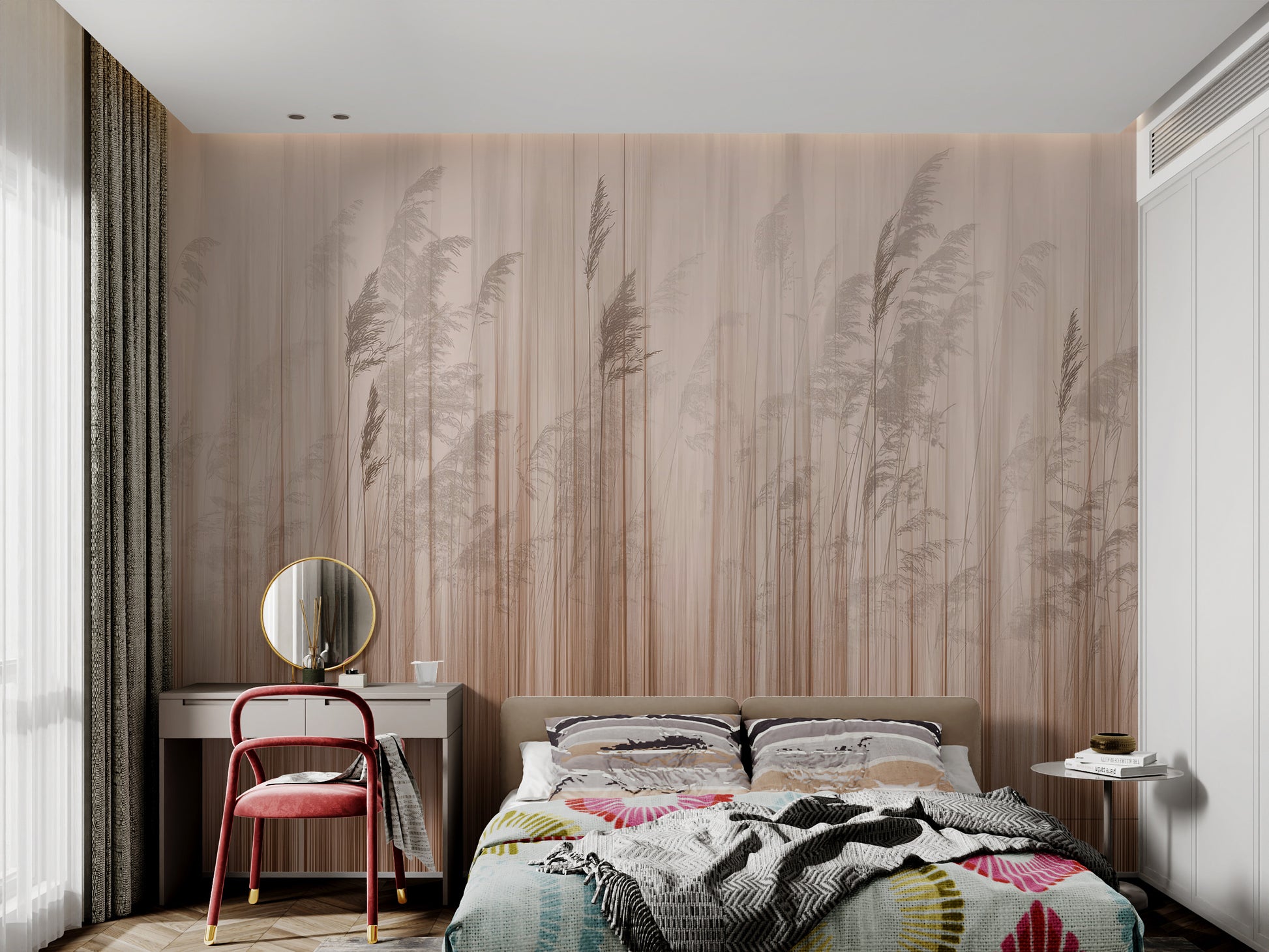 Minimalist wallpaper mural featuring abstract reeds in soft brown and beige.