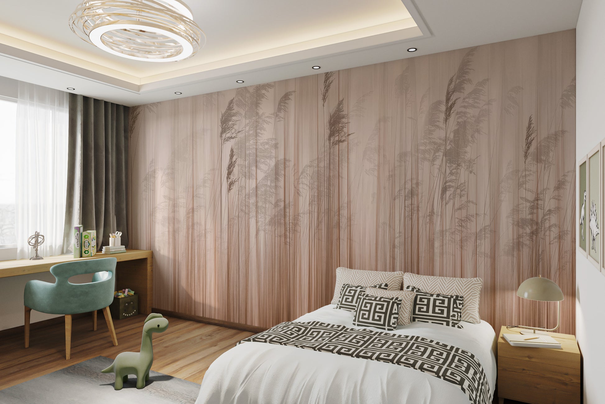 Vertical reed pattern mural in beige and brown, evoking a serene nature vibe.