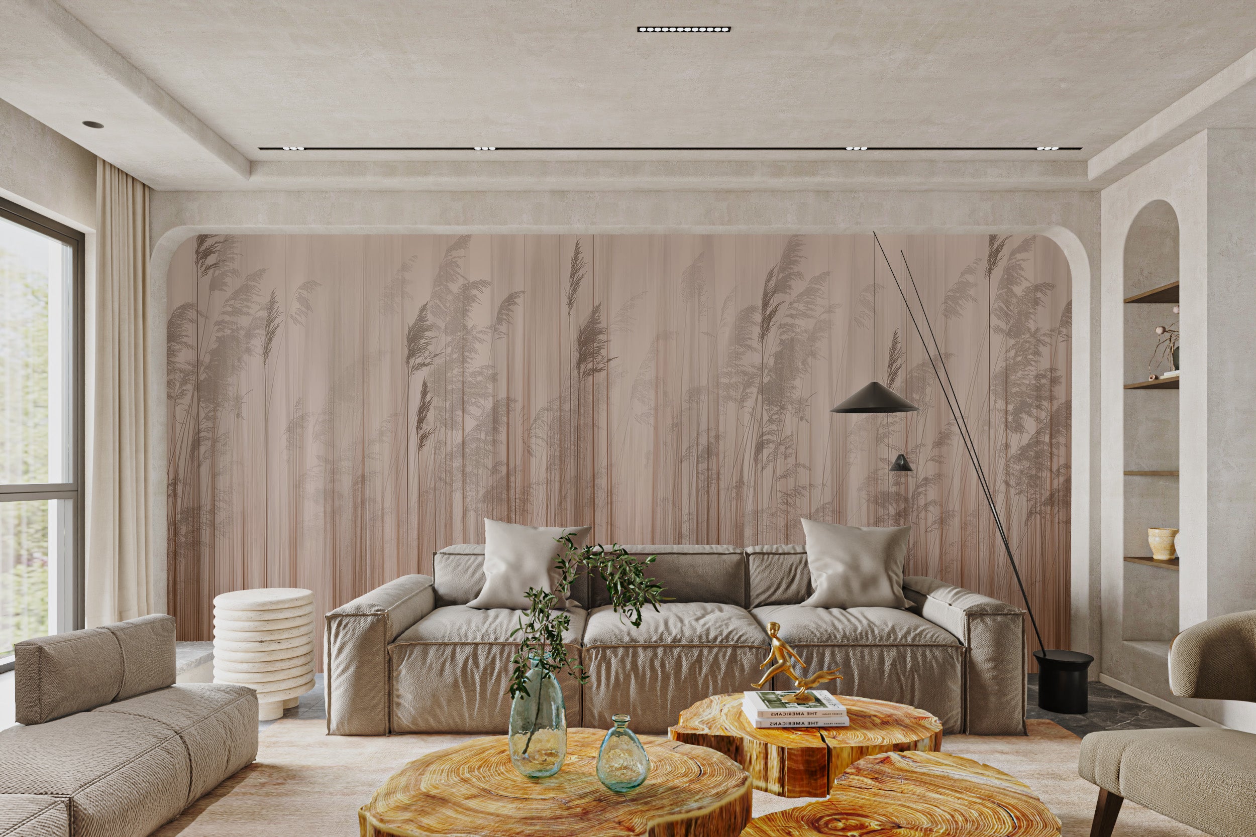 Serene reed grass wall mural featuring soft vertical lines in brown and beige tones.