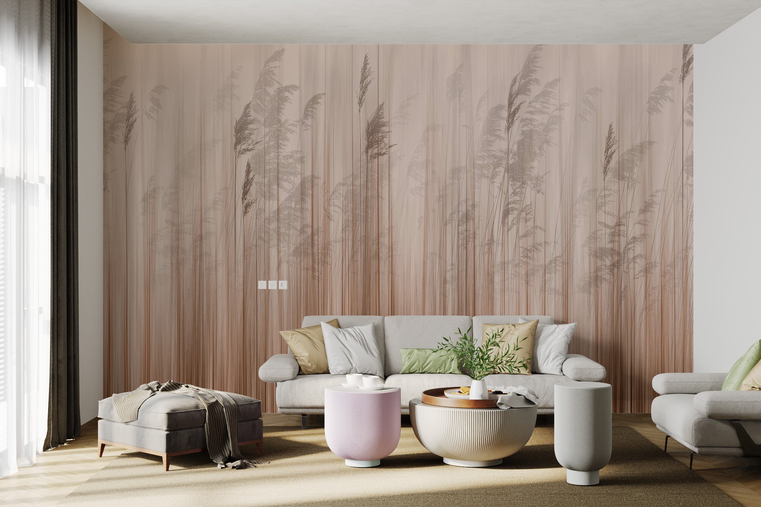 Muted reed grass wallpaper mural with soft vertical lines in beige and brown tones.