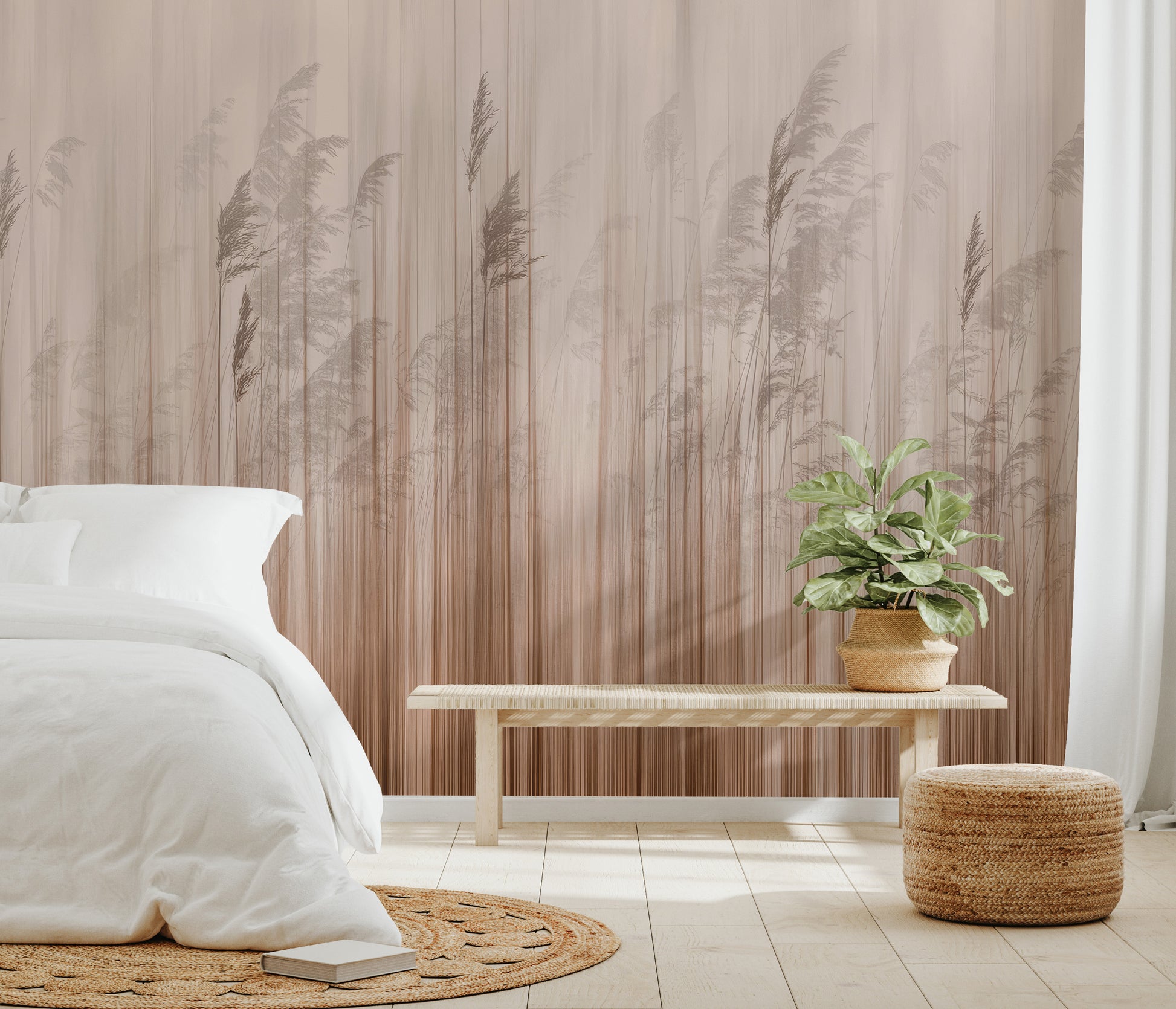 Abstract nature wallpaper with reeds and vertical streaks in warm muted hues.