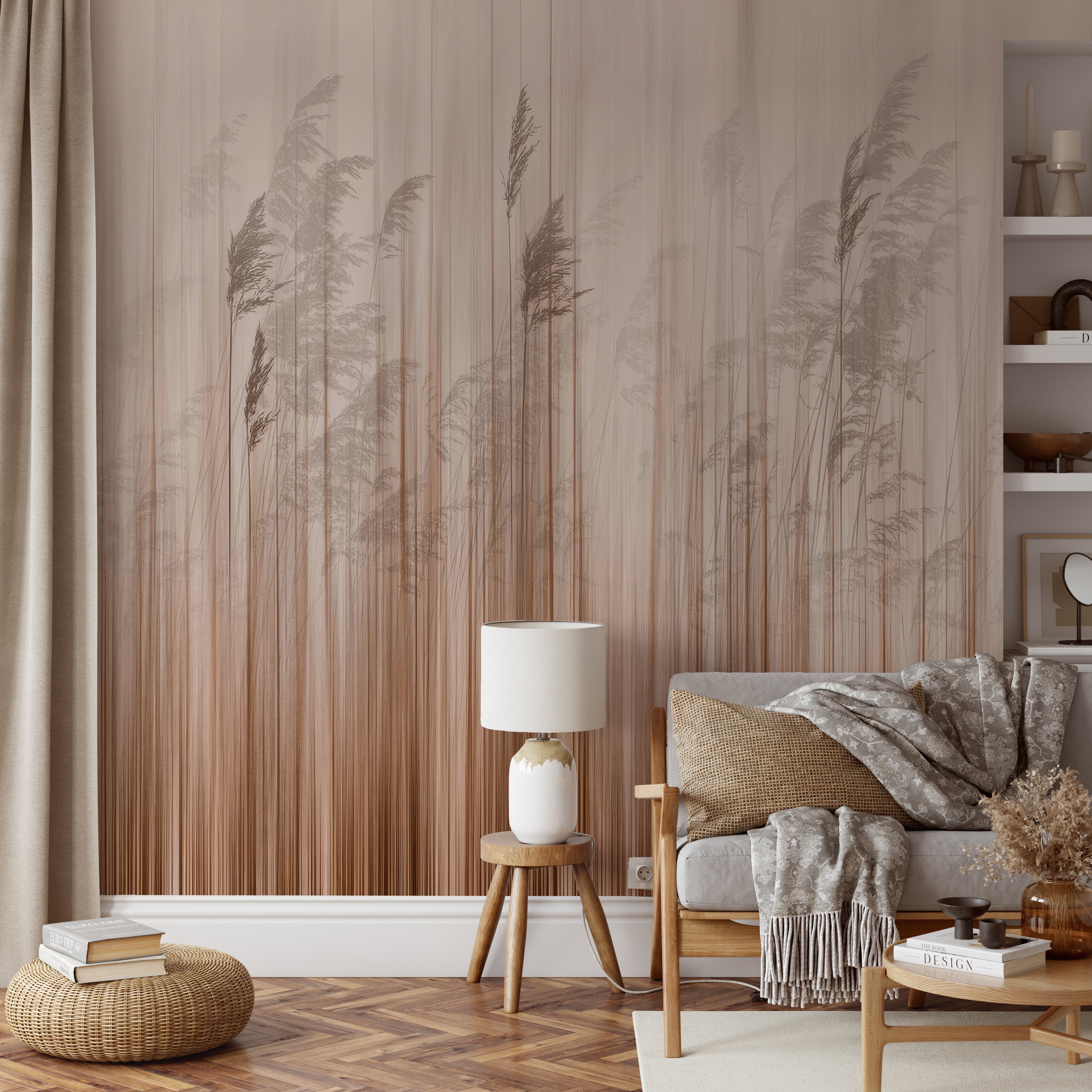 Tall reeds with a soft vertical blur in earthy tones for a relaxing wallpaper mural.