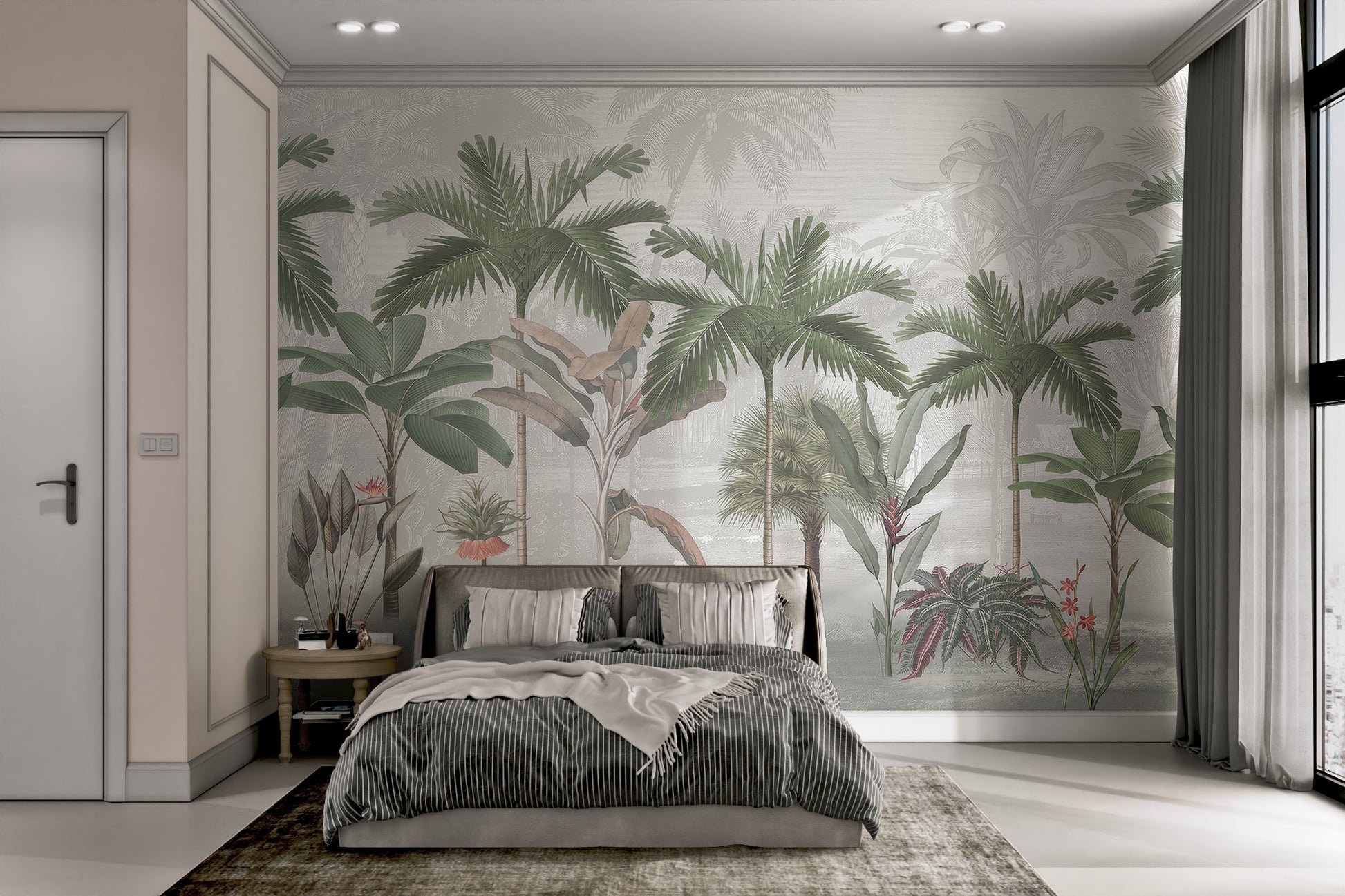 Tropical wallpaper mural with detailed palm leaves and layered foliage in a misty setting.