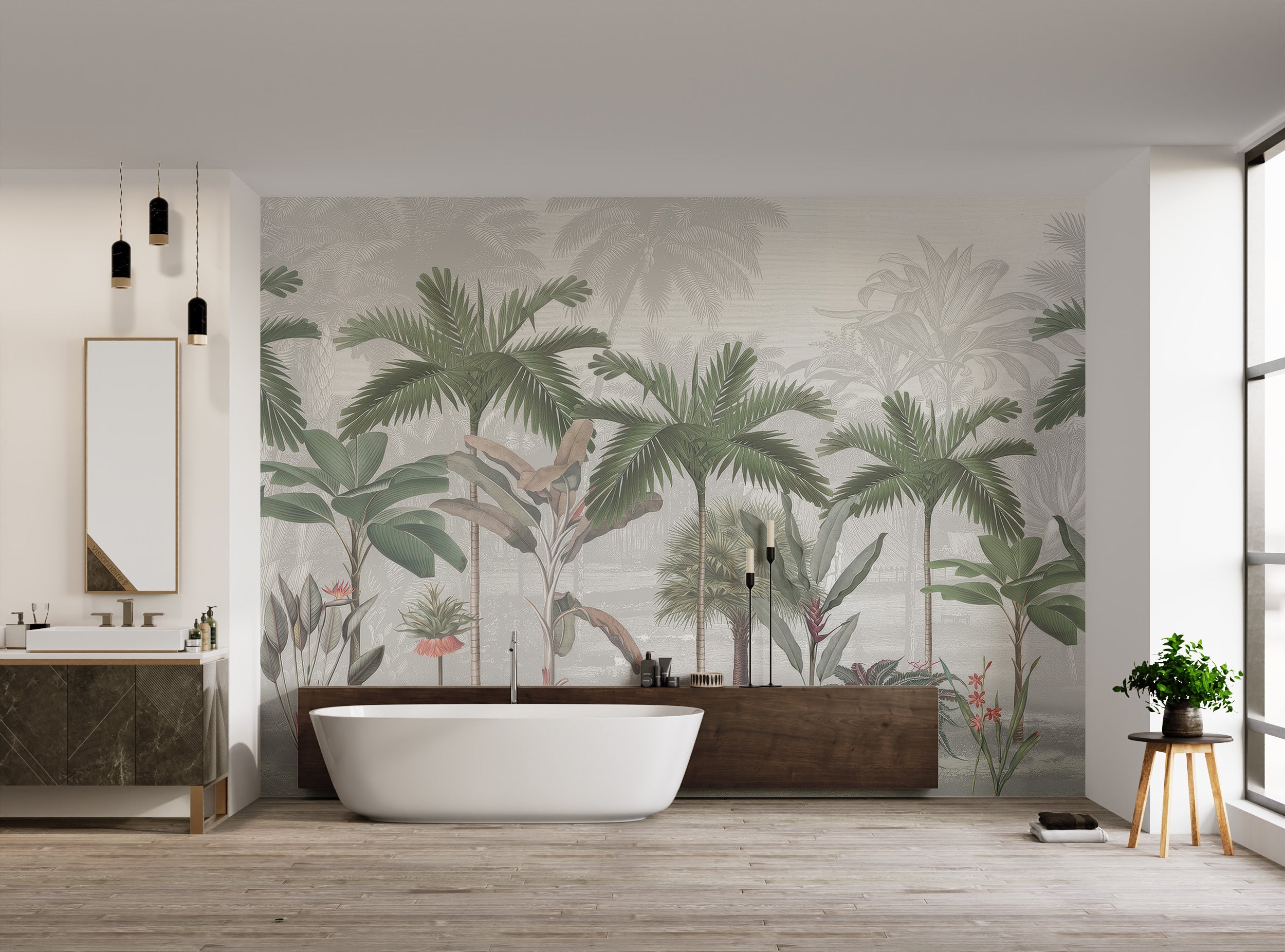 Muted palm leaf wallpaper mural showcasing vintage botanical elements and tropical plants.