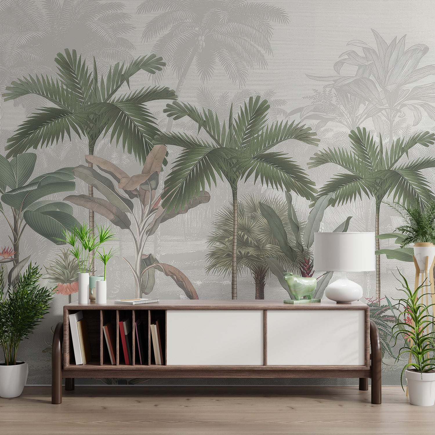 Palm trees and lush greenery arranged in a vintage tropical mural with soft, misty tones.