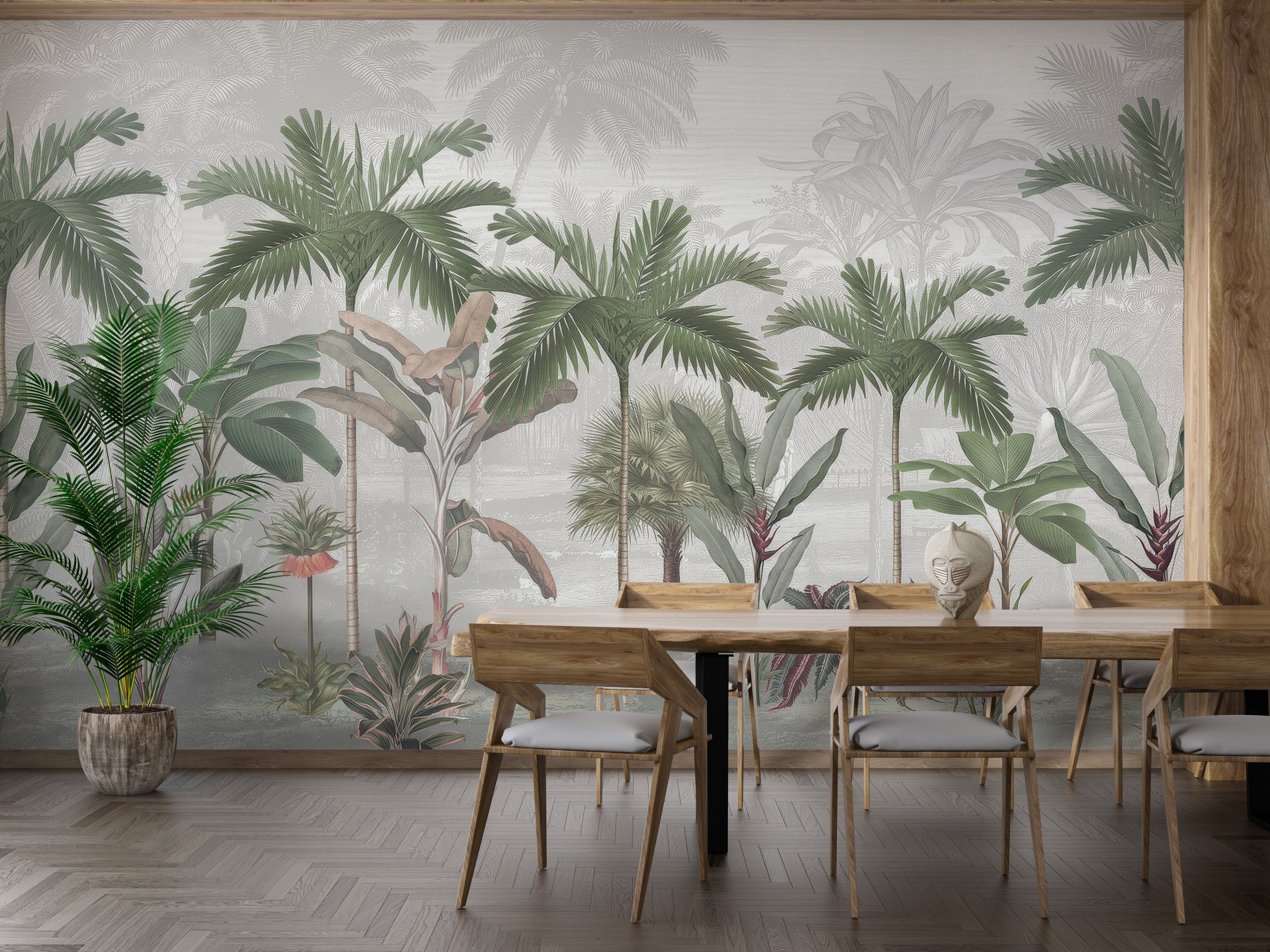 Palm leaf mural featuring a blend of exotic tropical plants in soft and muted tones.