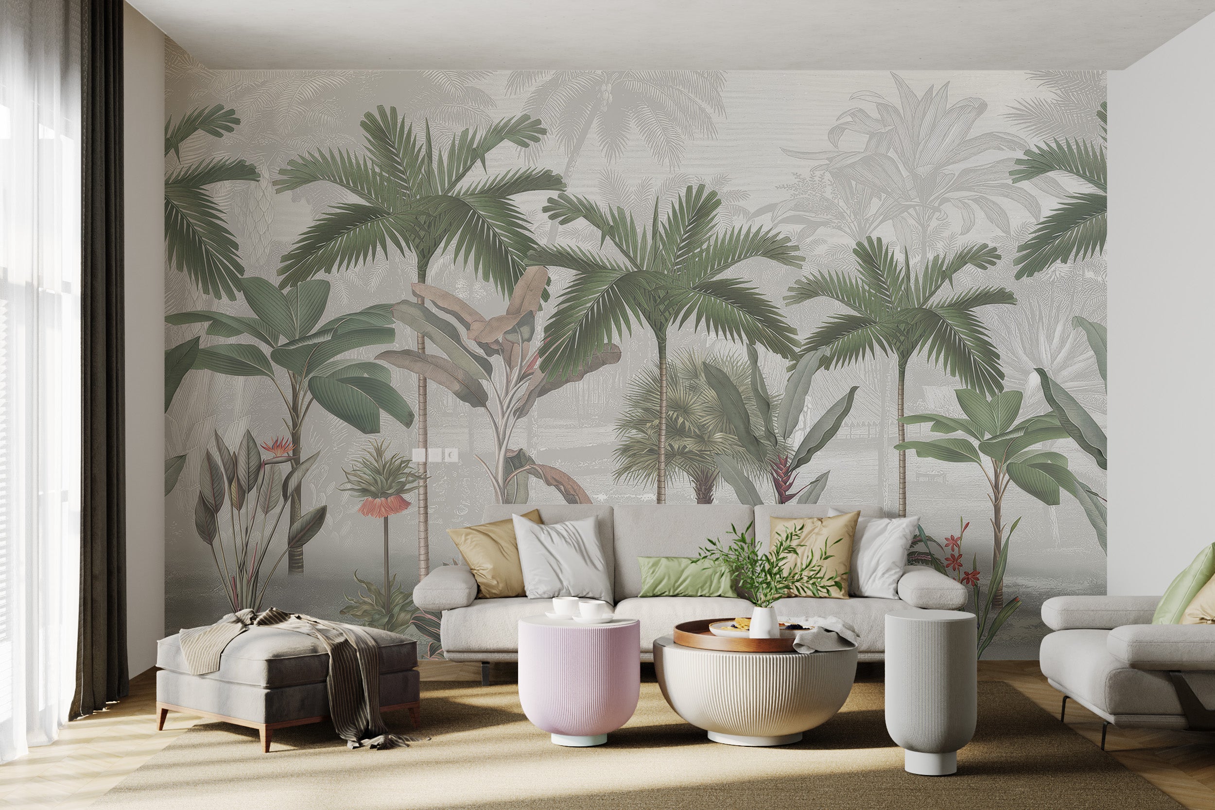 Retro tropical mural with layered palm leaves and exotic plants against a faded background.