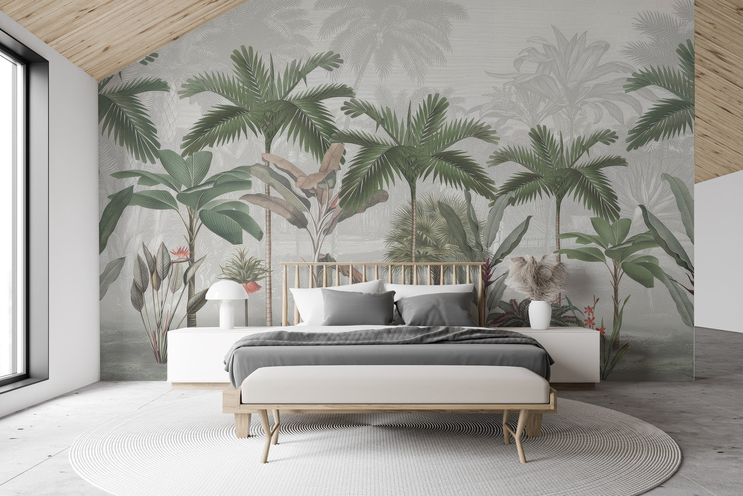 Retro botanical mural featuring banana leaves, palm trees, and soft green shades.