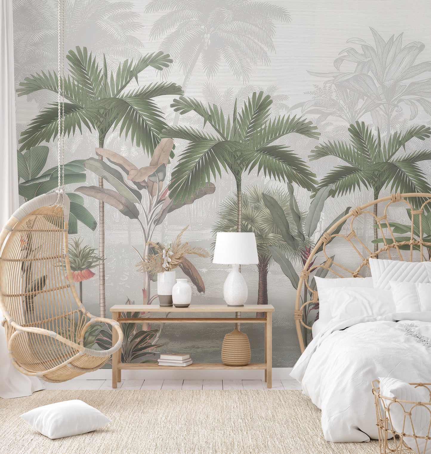 Subtle tropical scene with palm leaves and banana plants illustrated in a vintage style.