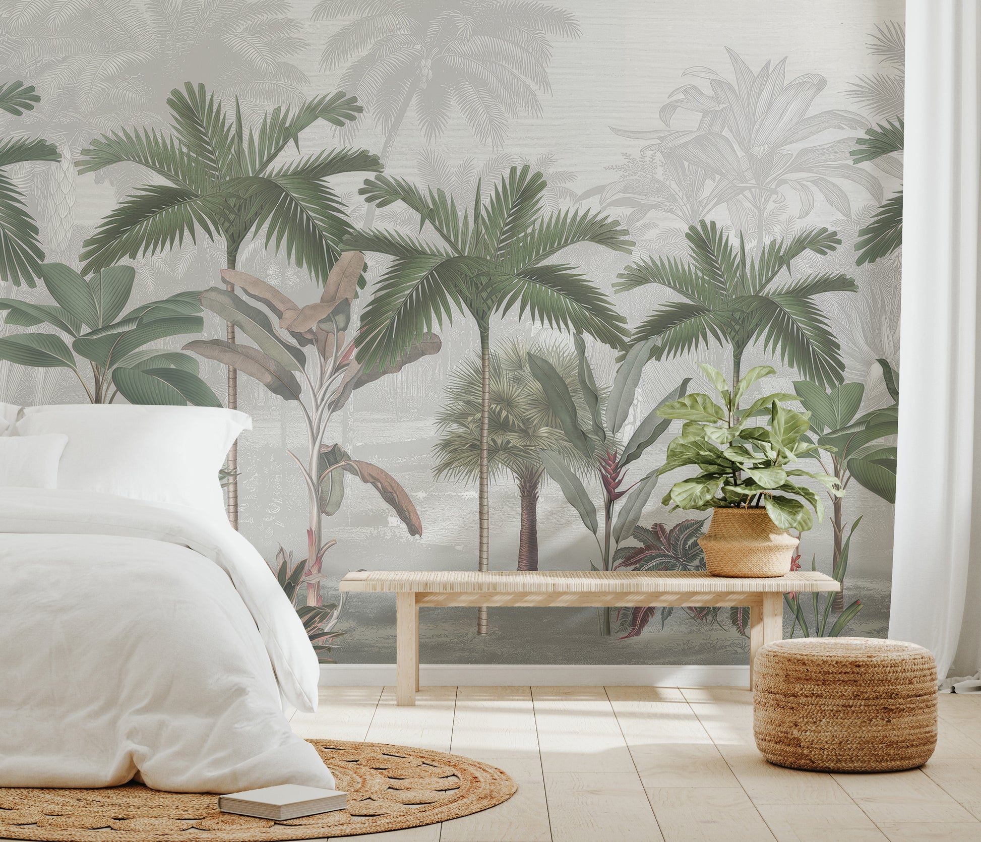 Vintage tropical palm leaf mural with muted green foliage and subtle botanical background.