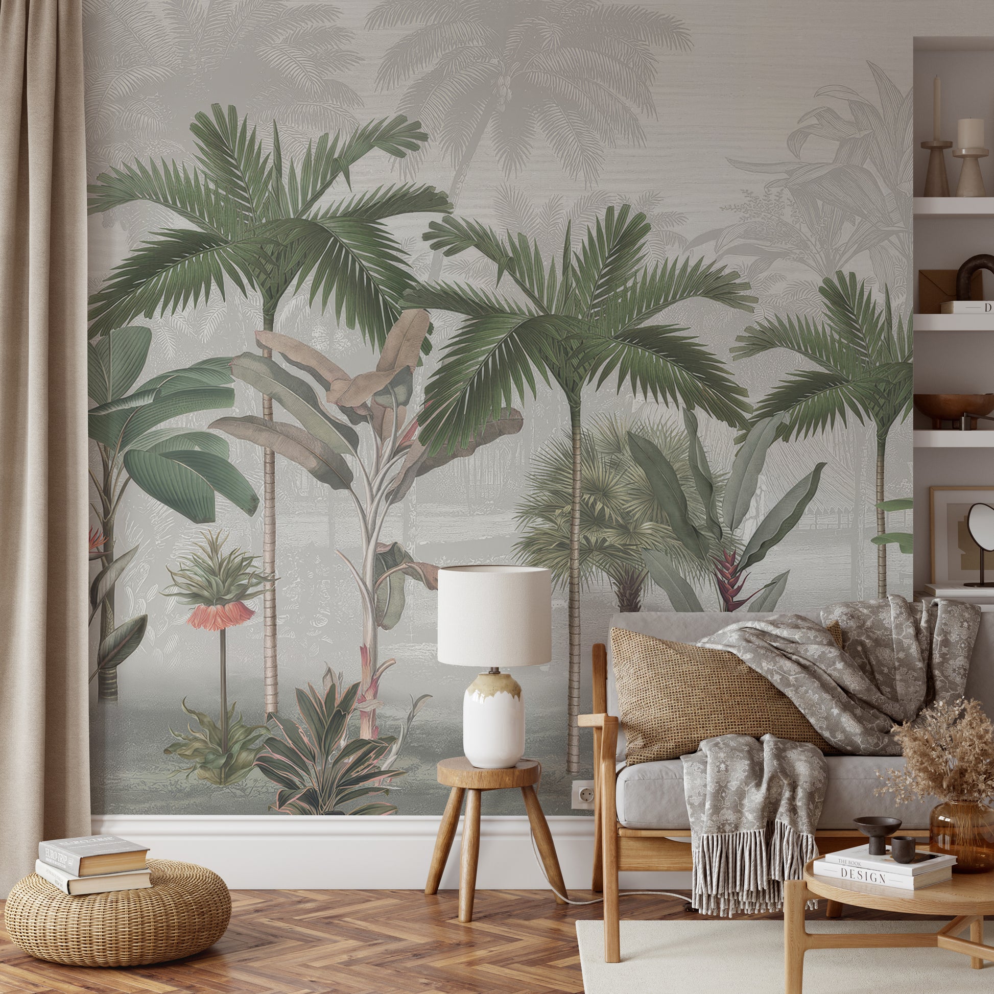 Soft tropical wallpaper mural with palm leaves, exotic plants, and a misty backdrop.