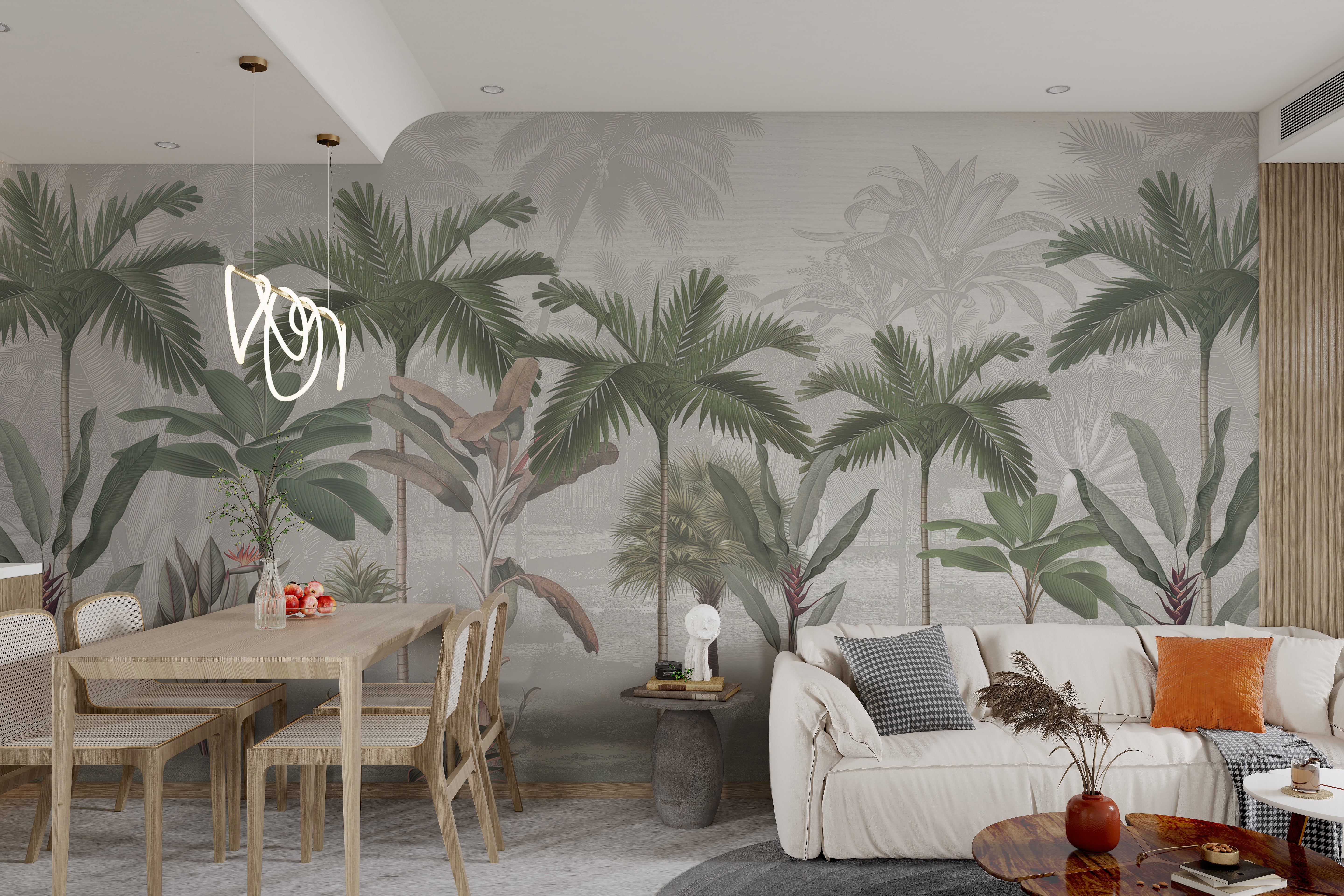 Tropical-themed wallpaper with vintage botanical elements and various palm fronds.