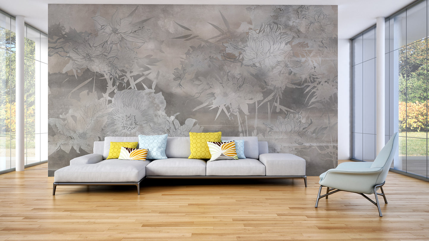 Monochrome floral wallpaper mural with an artistic blend of flowers and leaves.