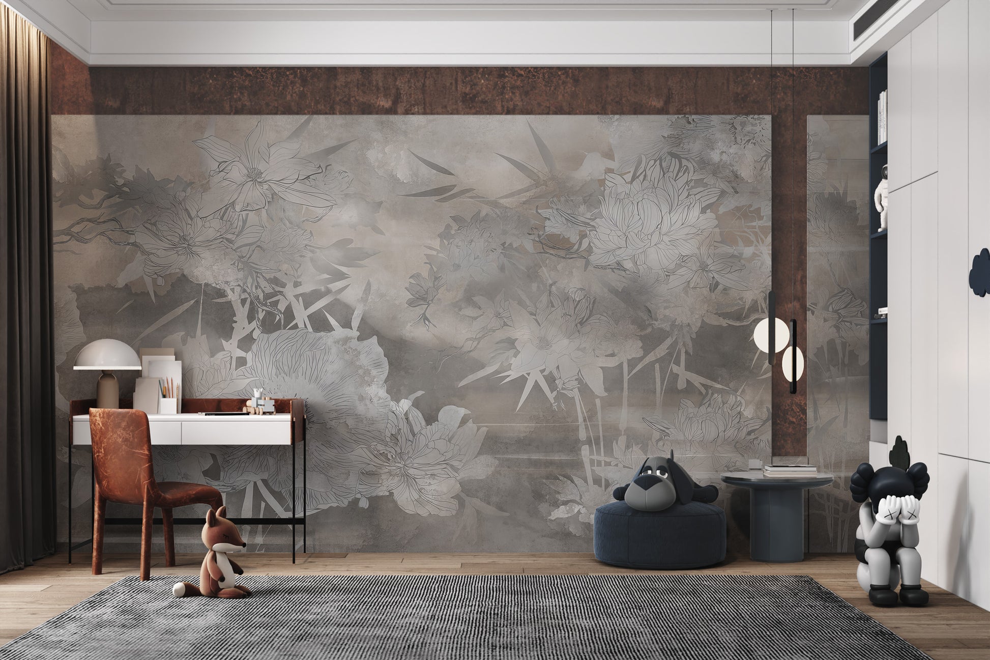 Subtle botanical wallpaper in gray tones featuring large blooming flowers.