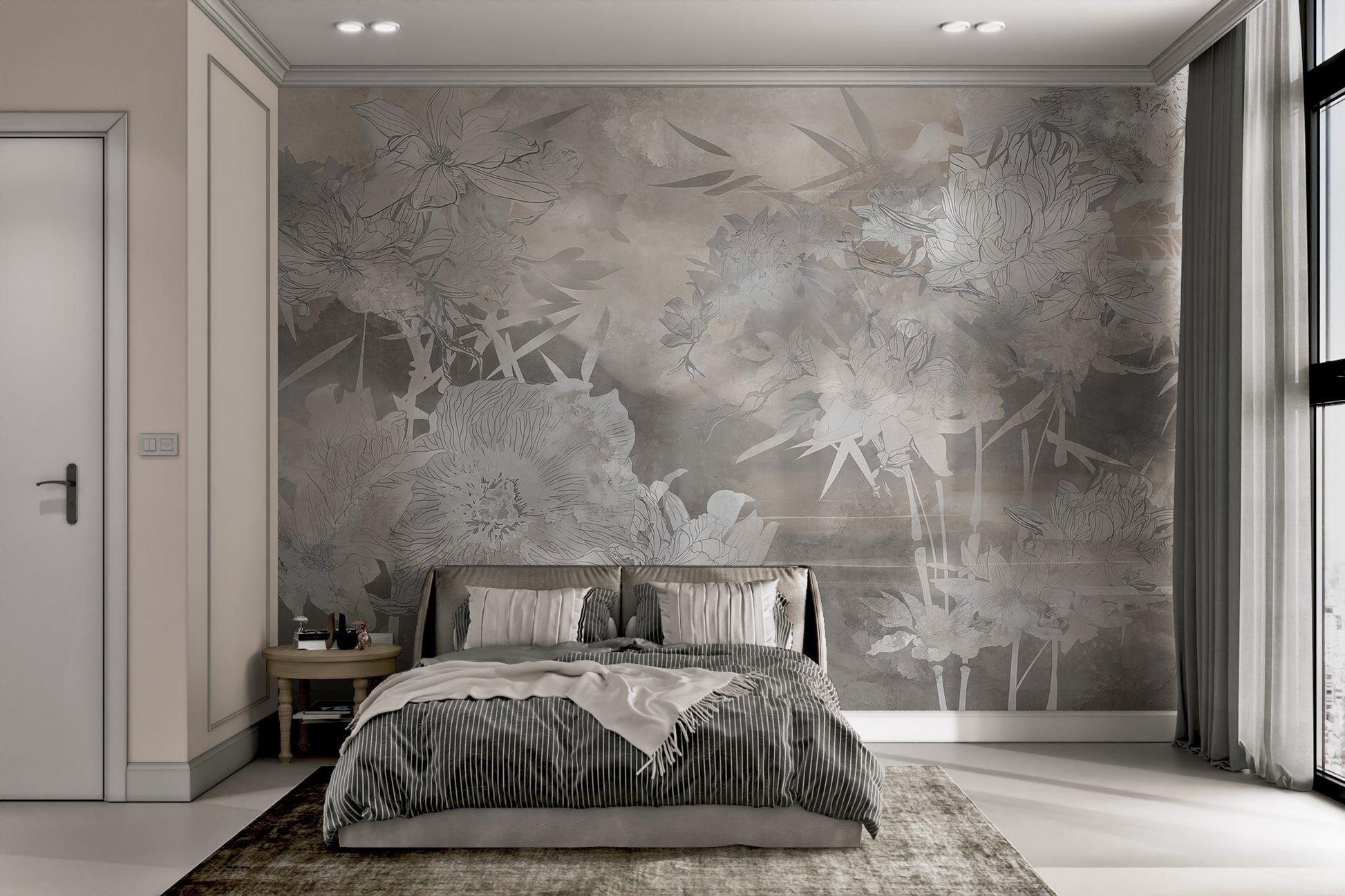 Large flower sketches on a textured gray background, creating a serene ambiance.