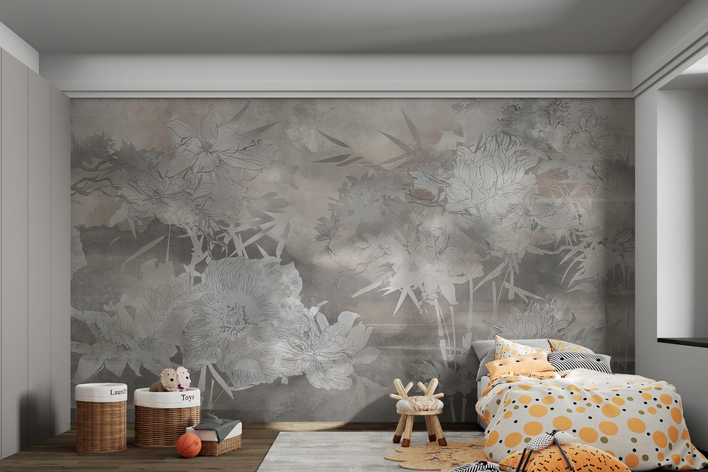 Artistic gray flower mural blending organic forms and neutral shades.