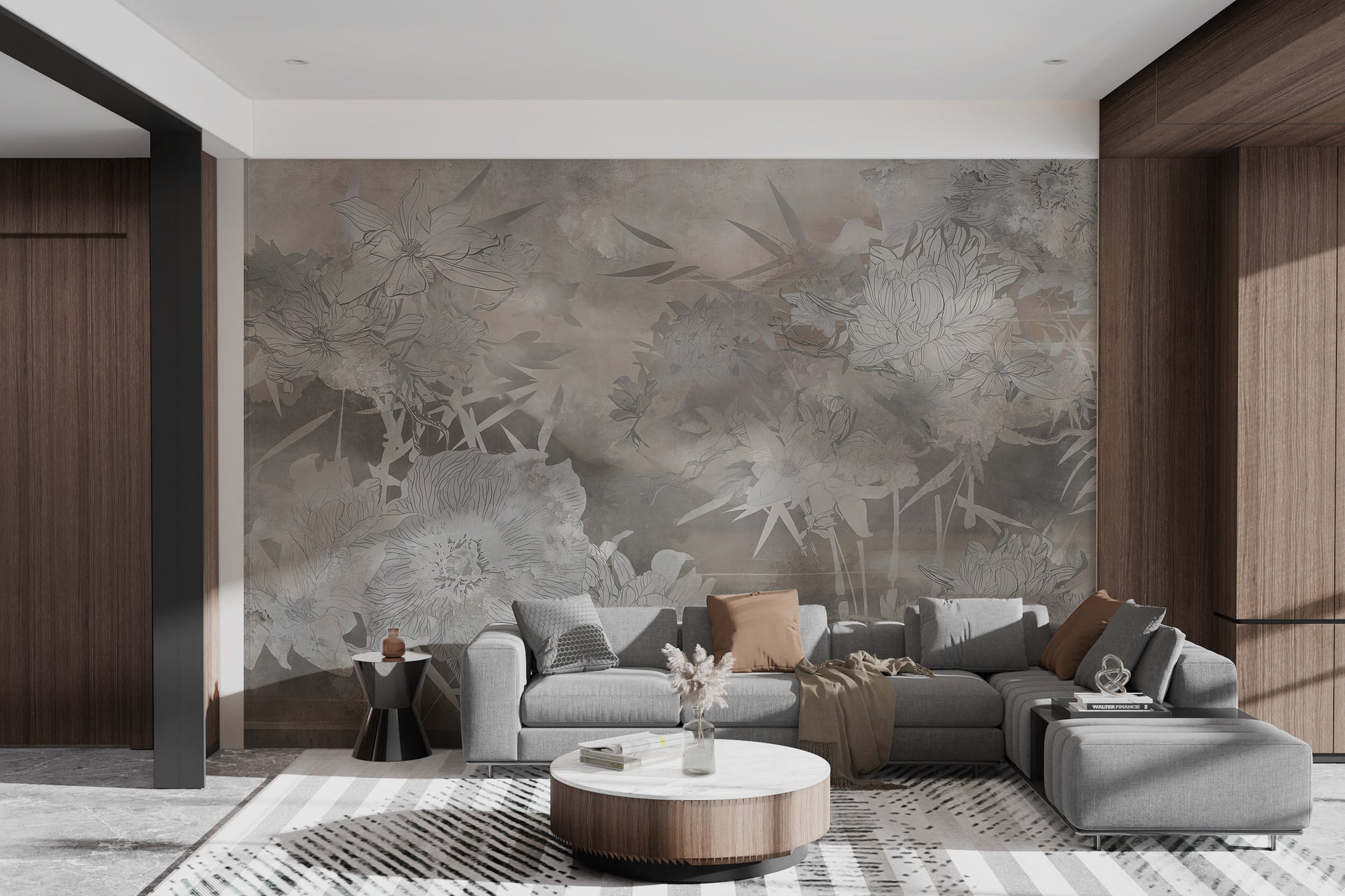 Grayscale floral wallpaper mural with flowing botanical patterns.