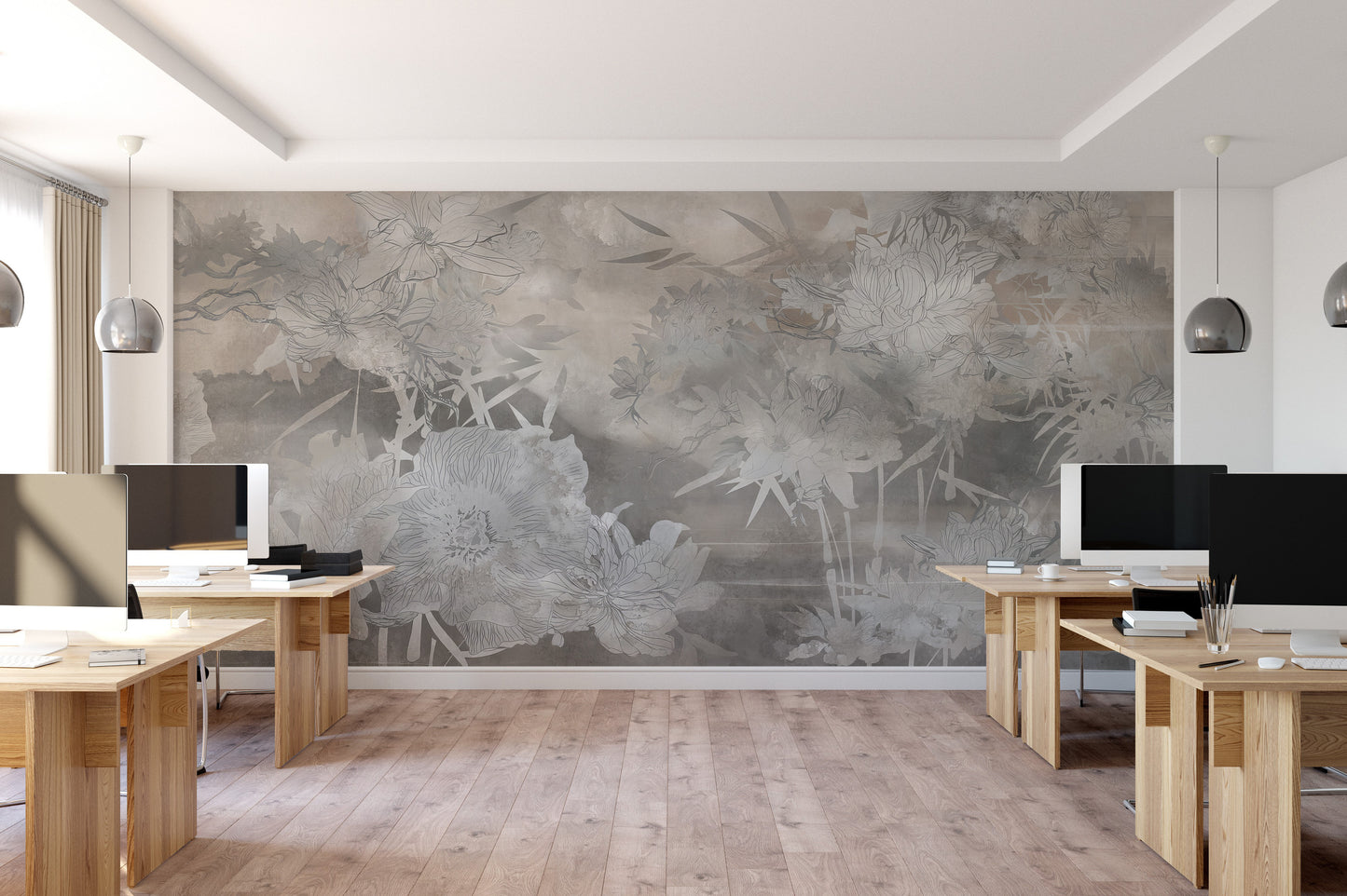 Soft botanical wallpaper with hand-drawn flowers in a grayscale palette.