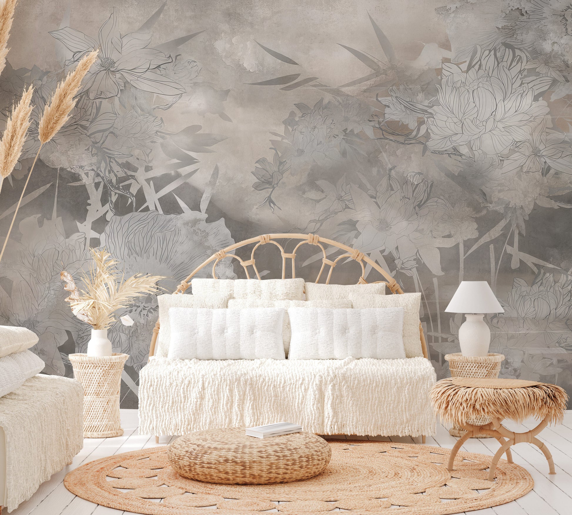 Elegant gray floral wallpaper mural with delicate botanical sketches.