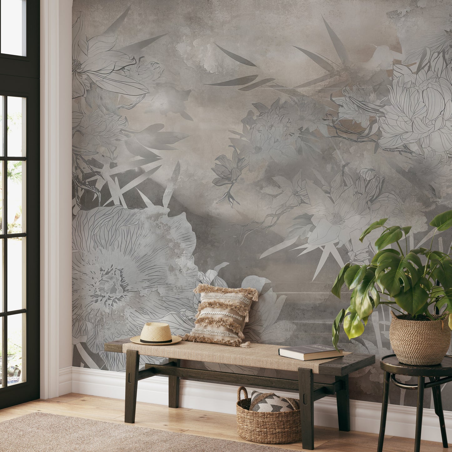 Neutral wallpaper mural featuring delicate floral outlines and botanical textures.