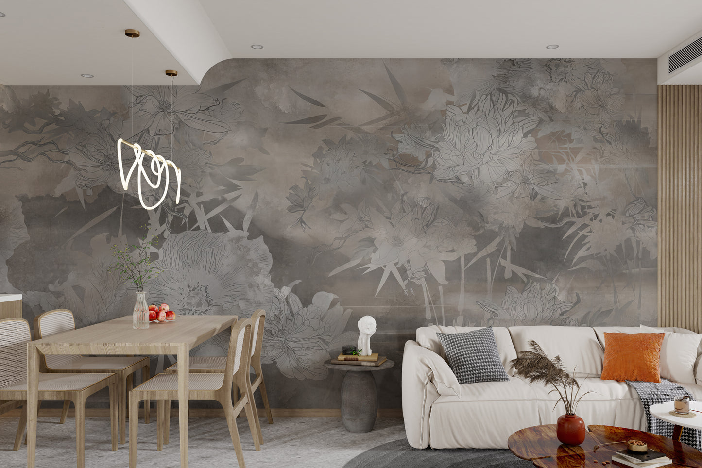 Minimalistic floral design with sketched flowers in shades of gray.