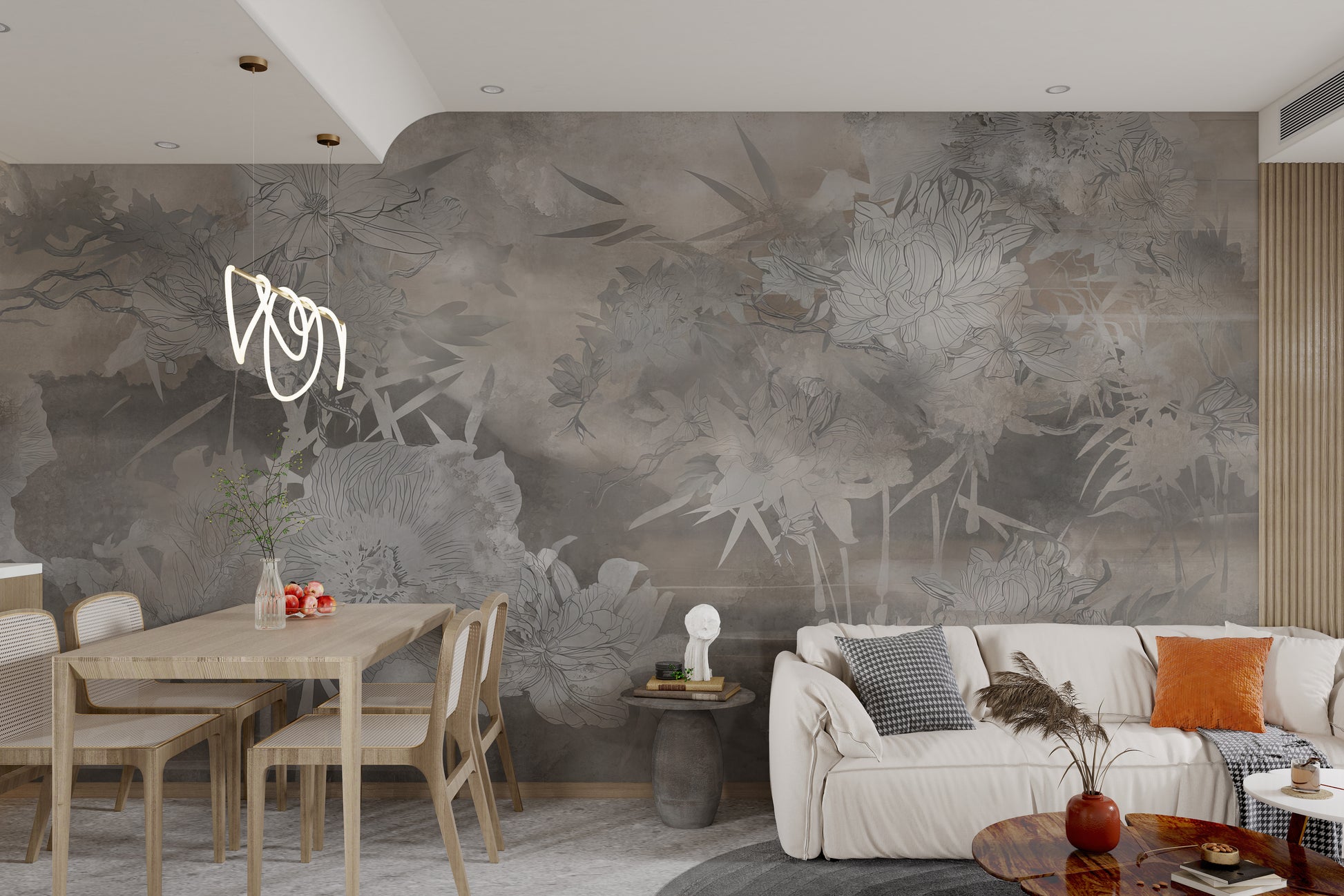 Minimalistic floral design with sketched flowers in shades of gray.