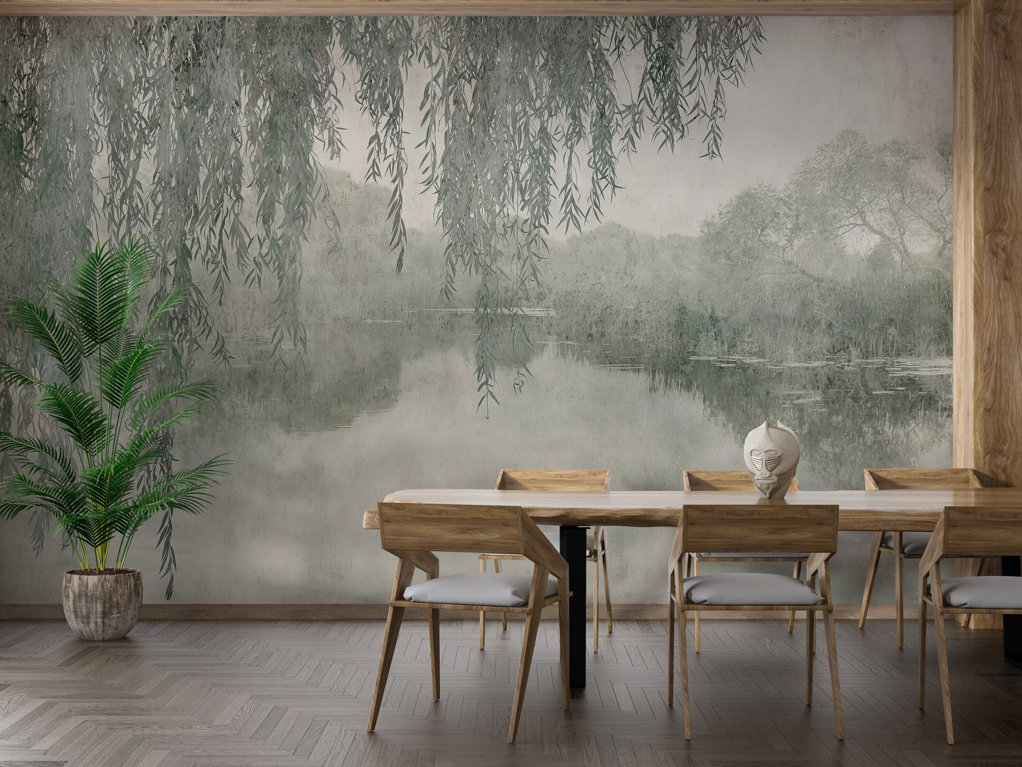 Wallpaper depicting willow leaves flowing gently over a misty lake surface.