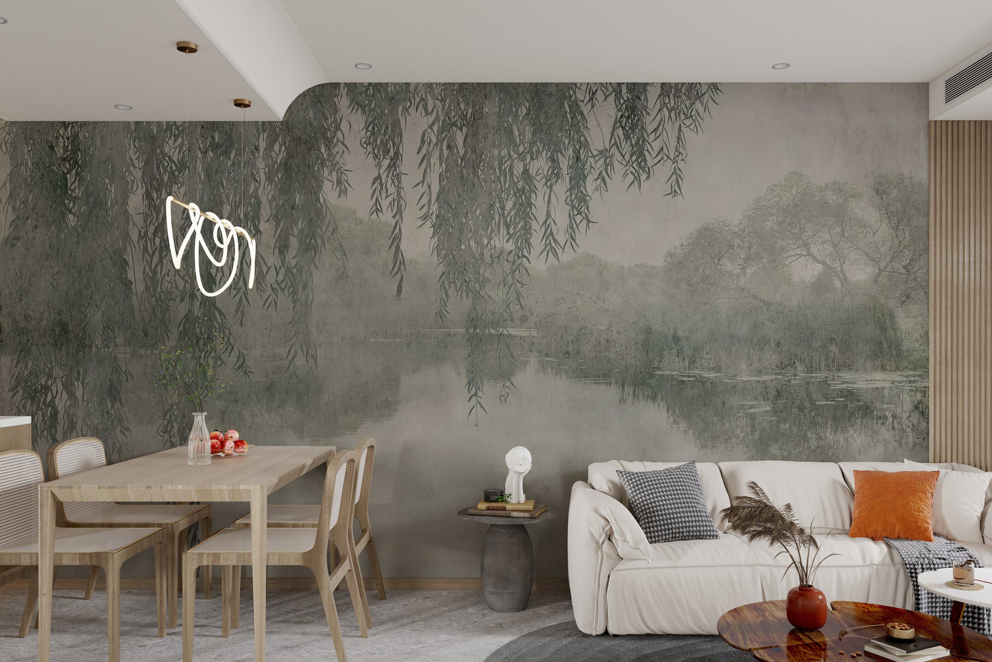 Wallpaper mural of delicate willow branches against a misty water landscape.