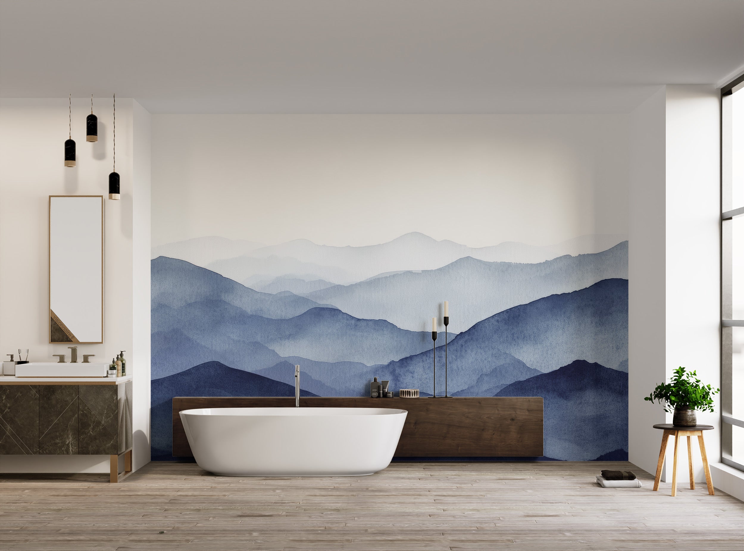 Blue Watercolor Mountains Wallpaper Mural