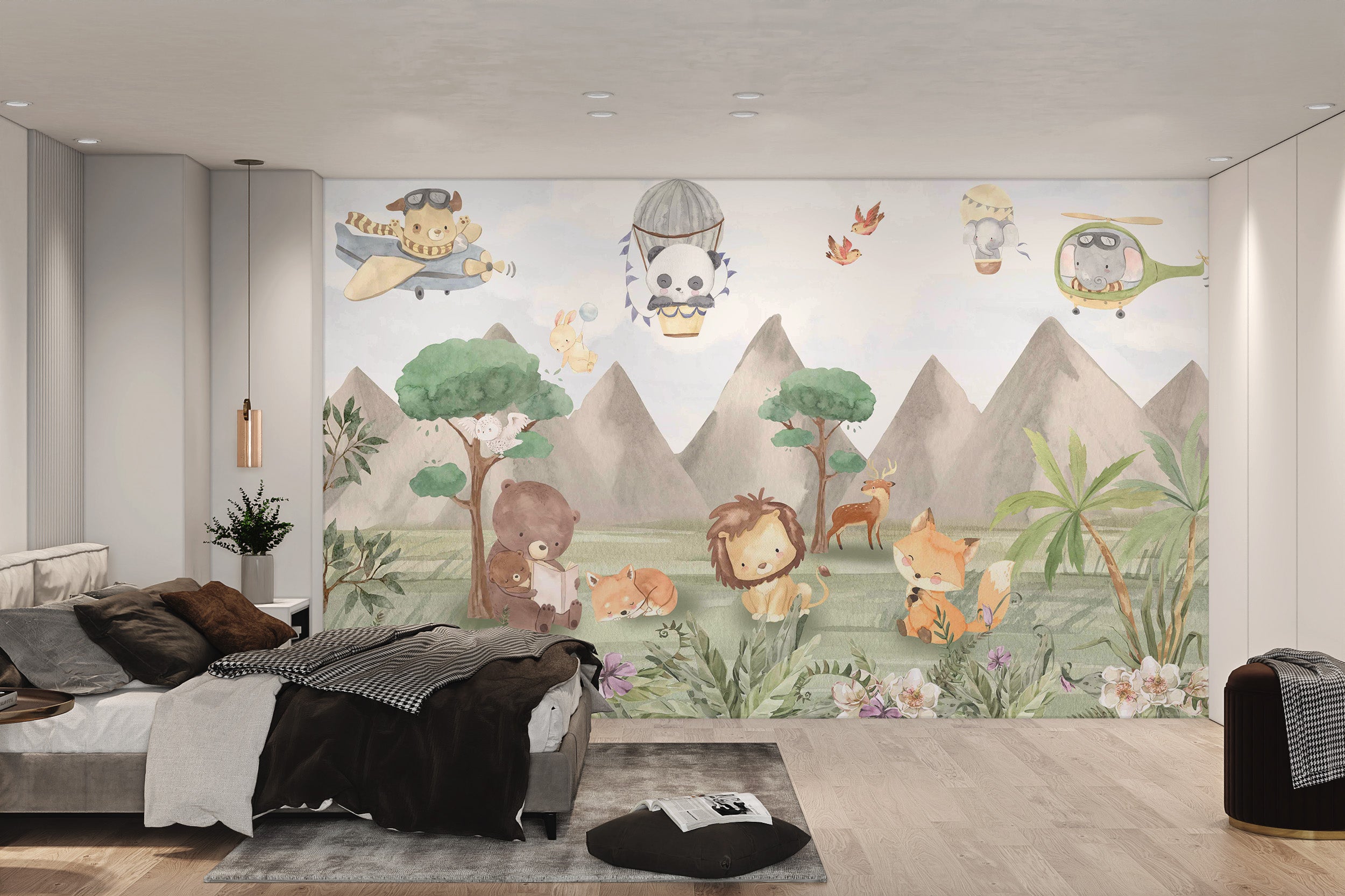 A dreamy forest mural with playful animals, including a helicopter-riding elephant.