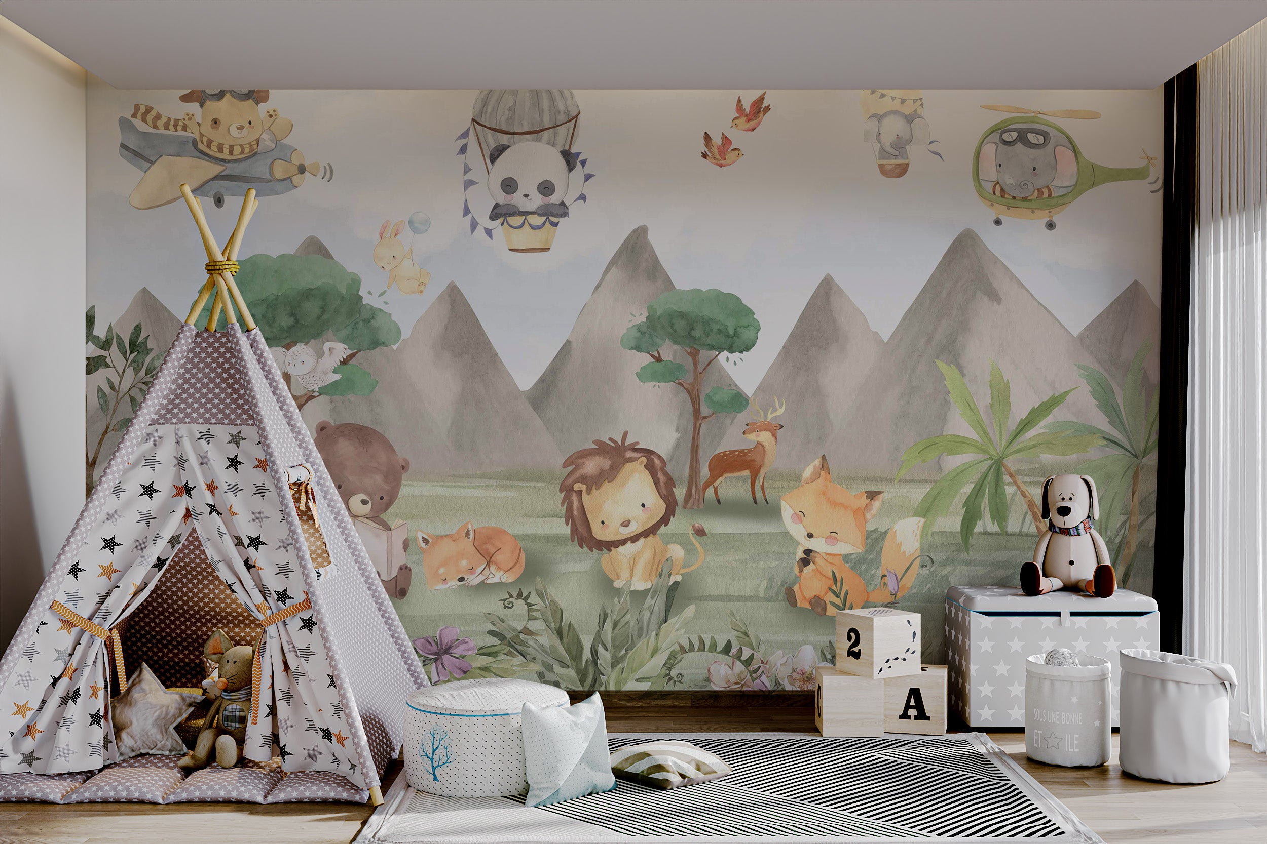 Deer standing gracefully near lush greenery and mountains in the playful mural.