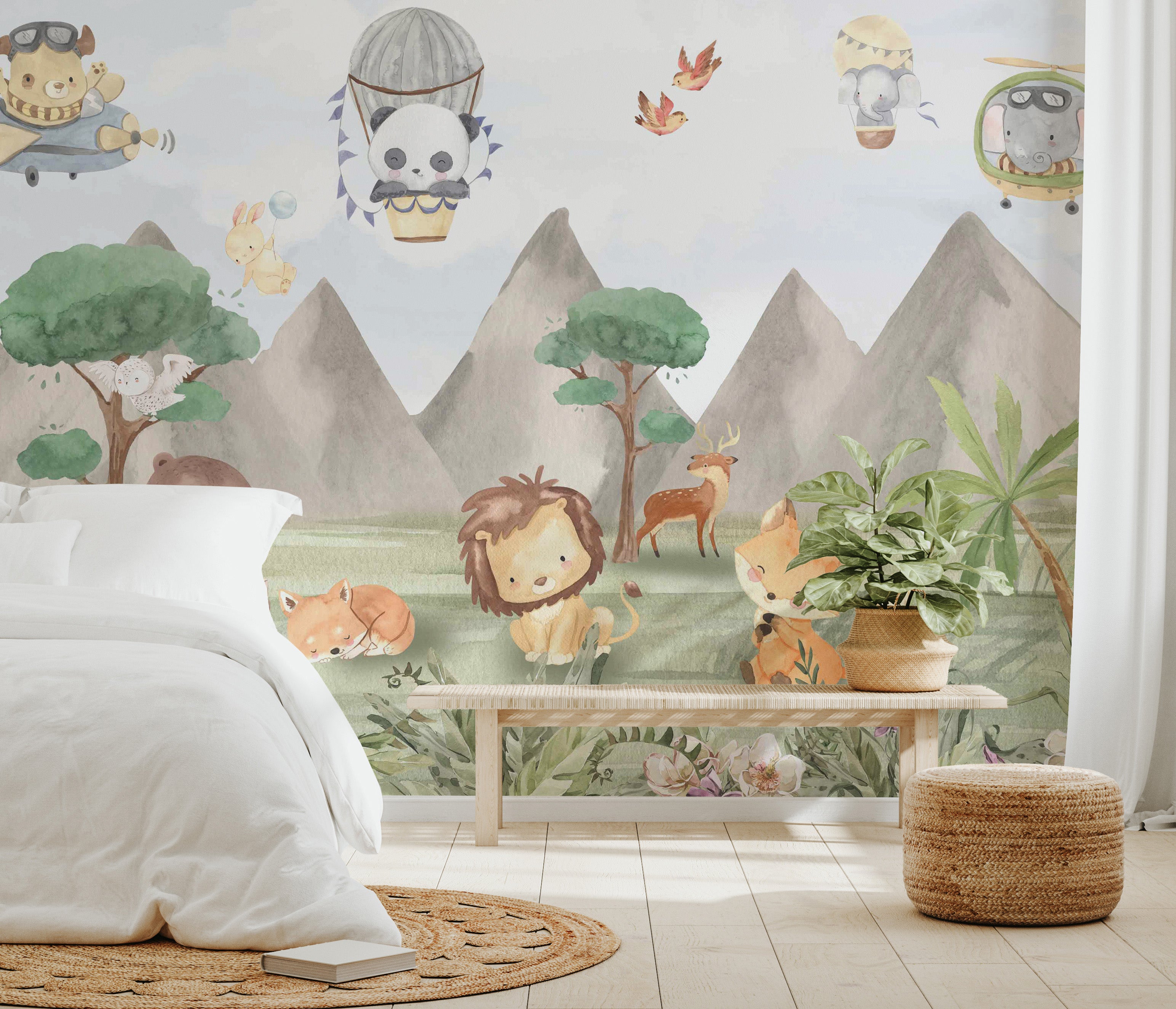 Playful bunnies and flying animals adding whimsy to a forest with flowers and mountains.