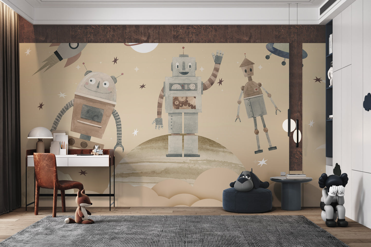 A rocket ship and robots hover above a planet in a playful space-themed mural.