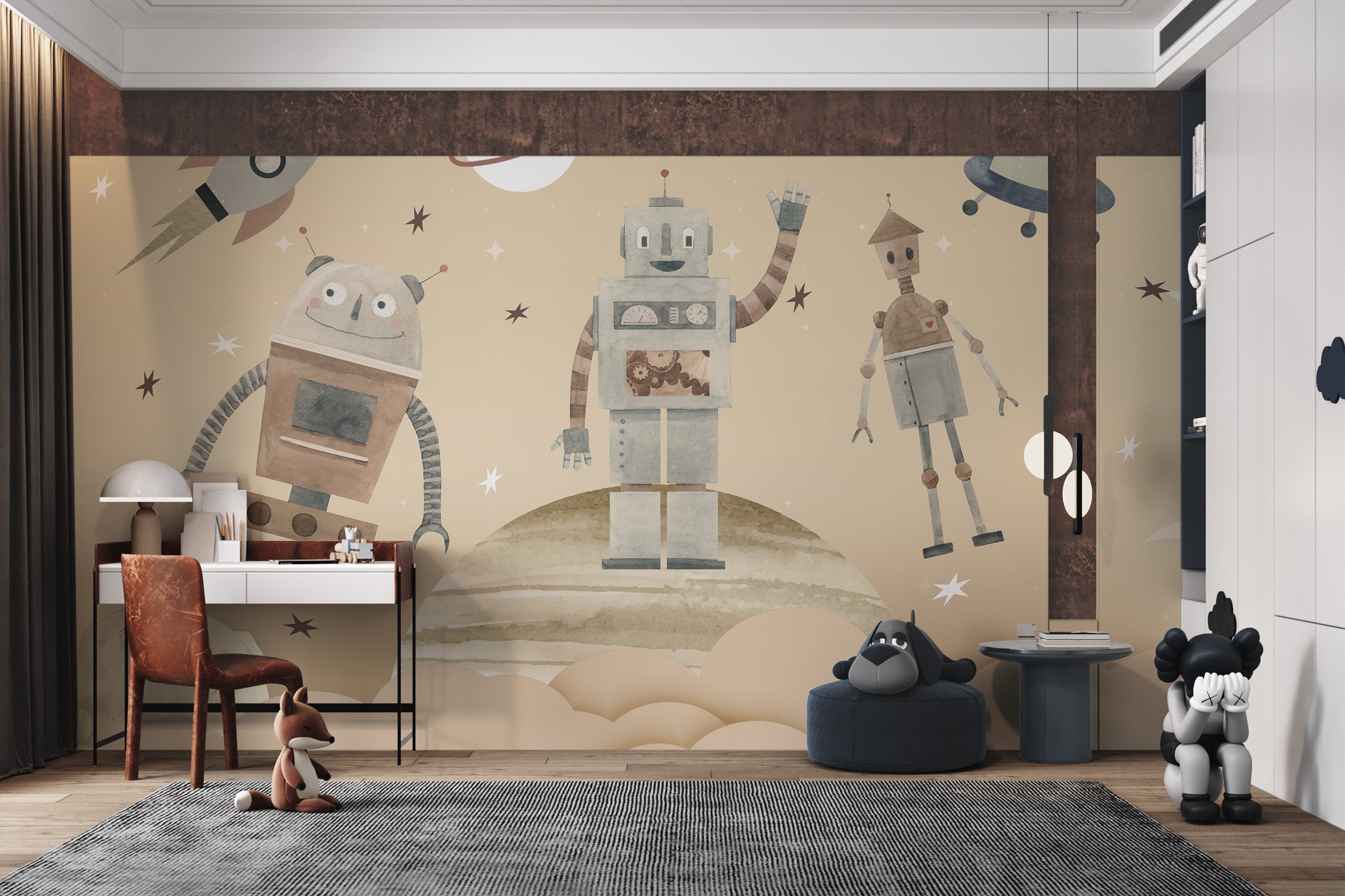 A rocket ship and robots hover above a planet in a playful space-themed mural.