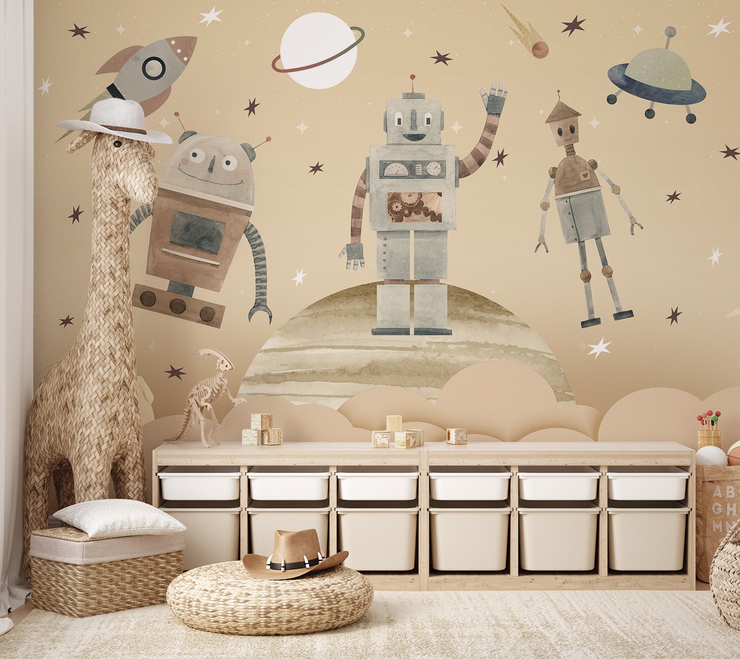 Retro-styled robots waving and floating over a dreamy cosmic scene with clouds and planets.