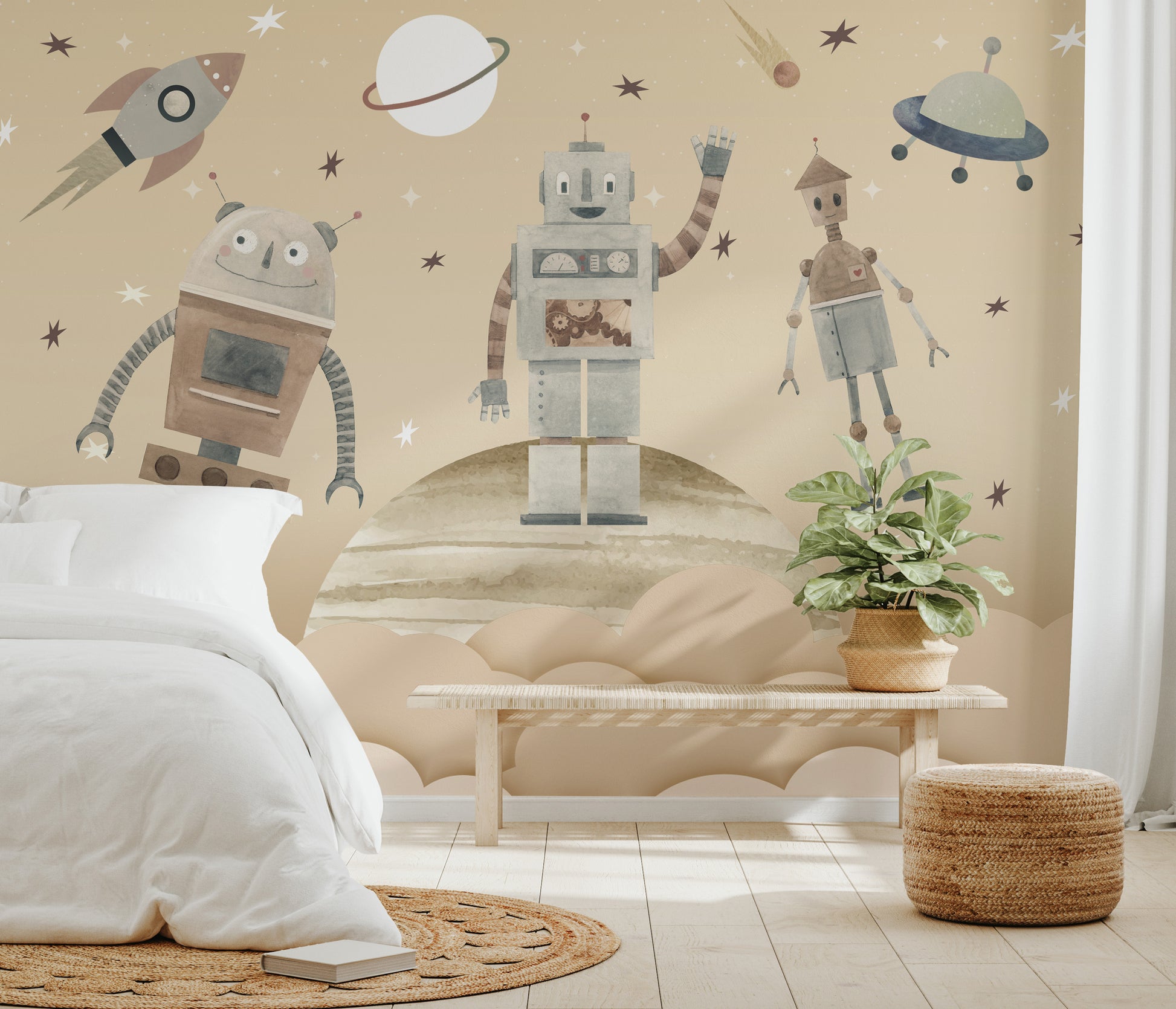 Robots exploring a fantasy outer space, featuring clouds, planets, and comets.