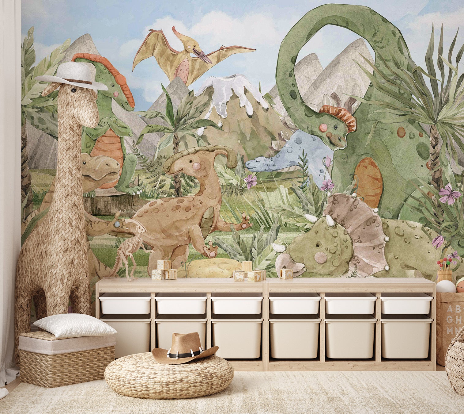 Prehistoric creatures and plants beautifully illustrated for a kids' room mural.