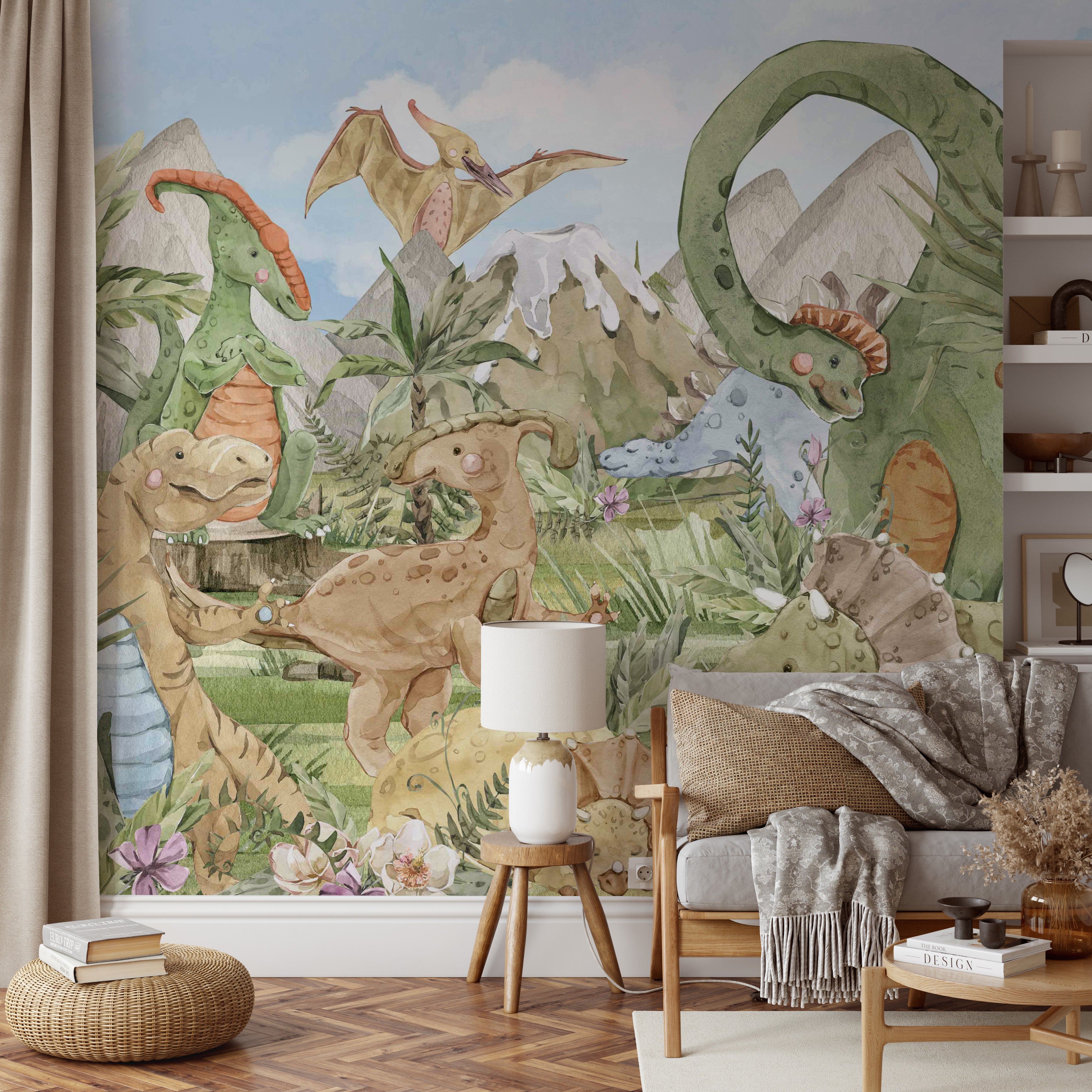 Cute triceratops and other dinosaurs in a playful nature scene for children.