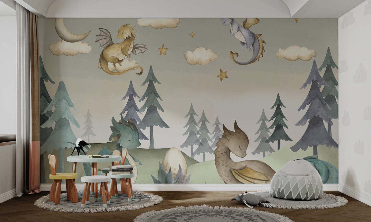 Fantasy forest mural with dragons interacting under a twilight sky filled with stars and fluffy clouds.